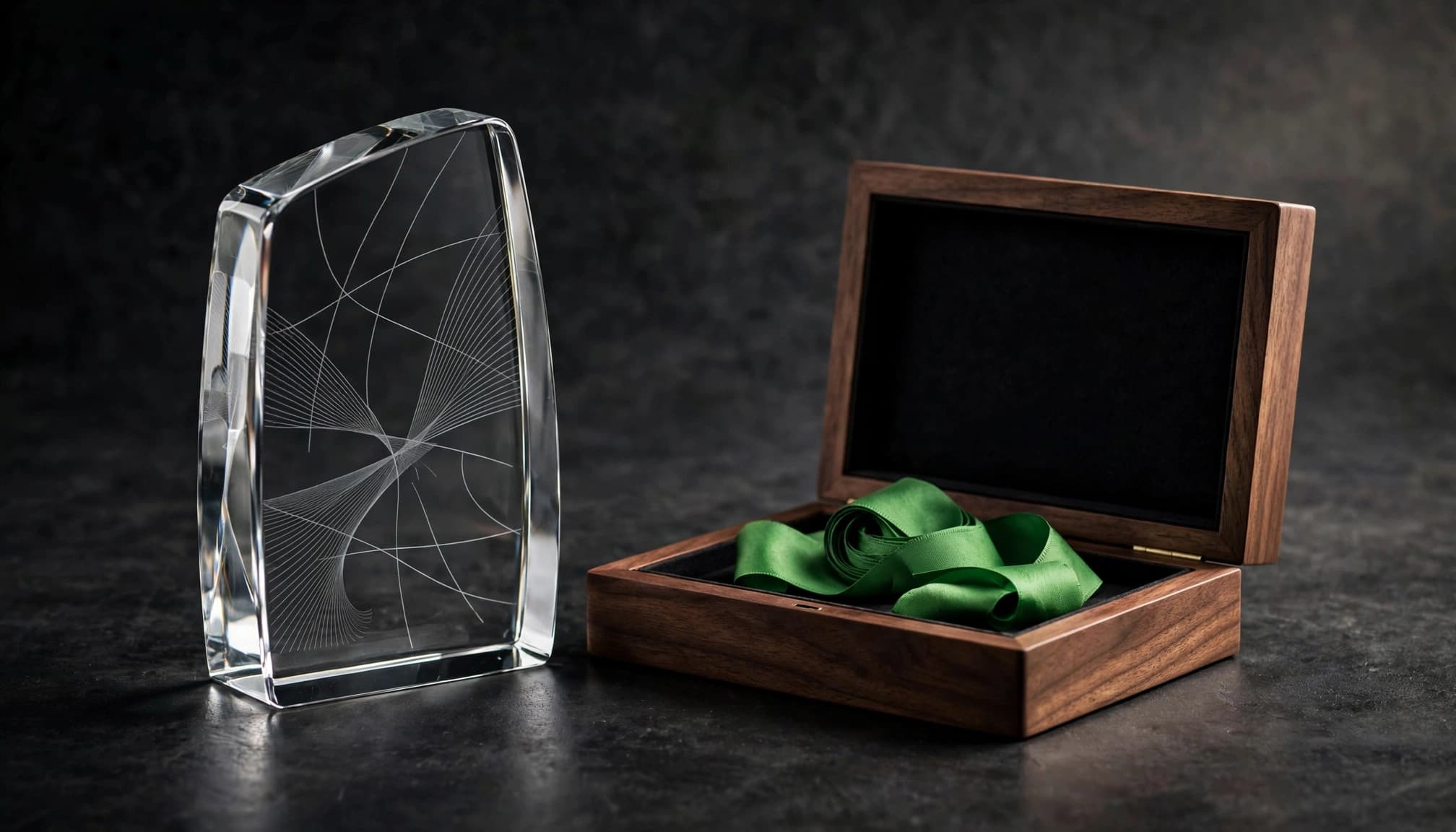A glass award and walnut case with a green ribbon on a dark surface.