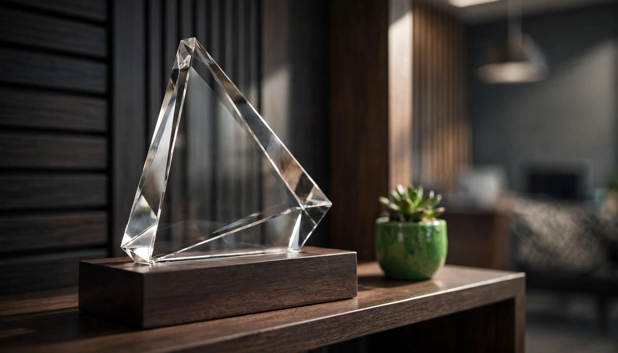 A glass award with a dark wood base sits beside a green object on a shelf.