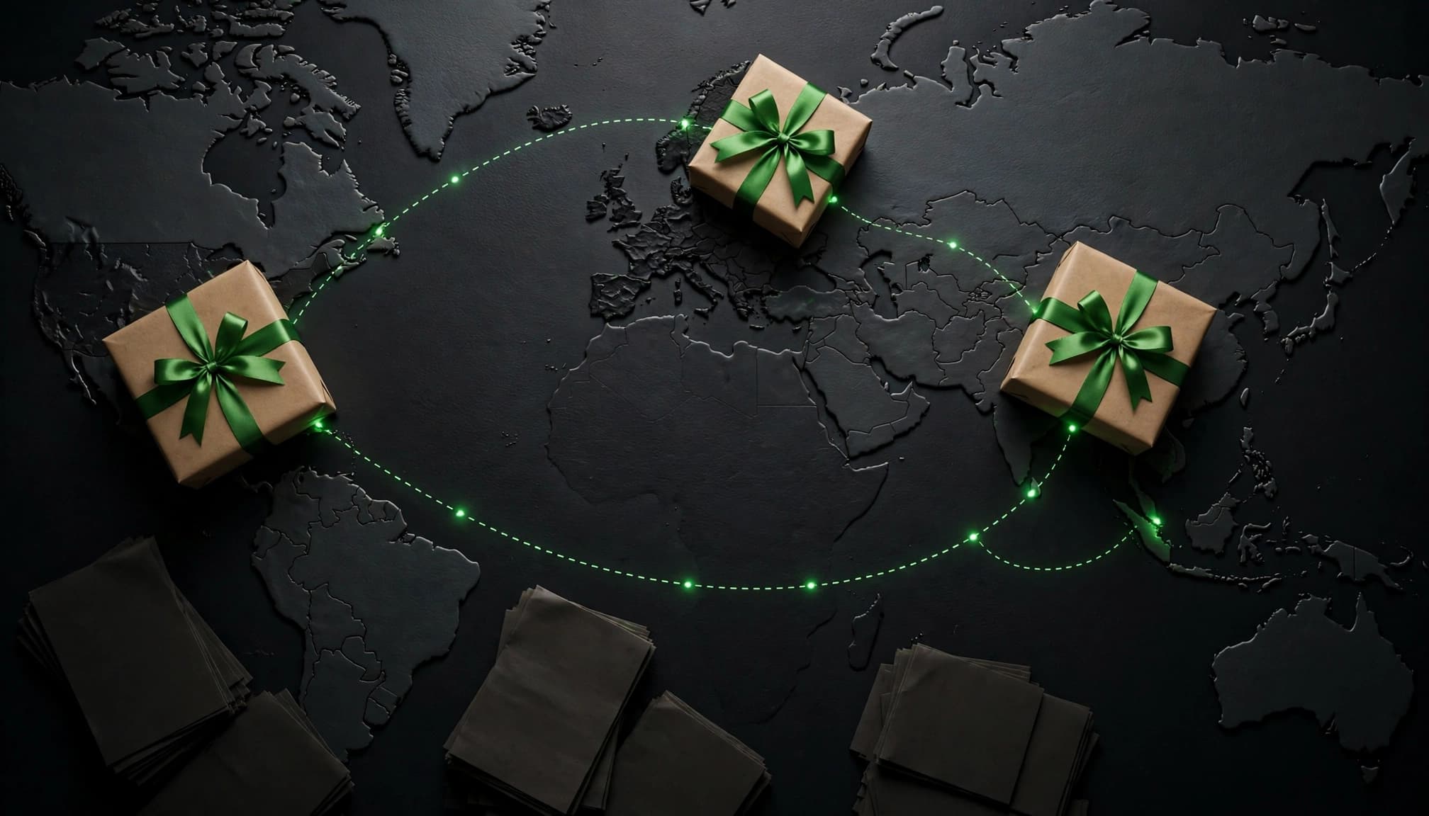 Gift boxes arranged around a world map with green routes across three regions.