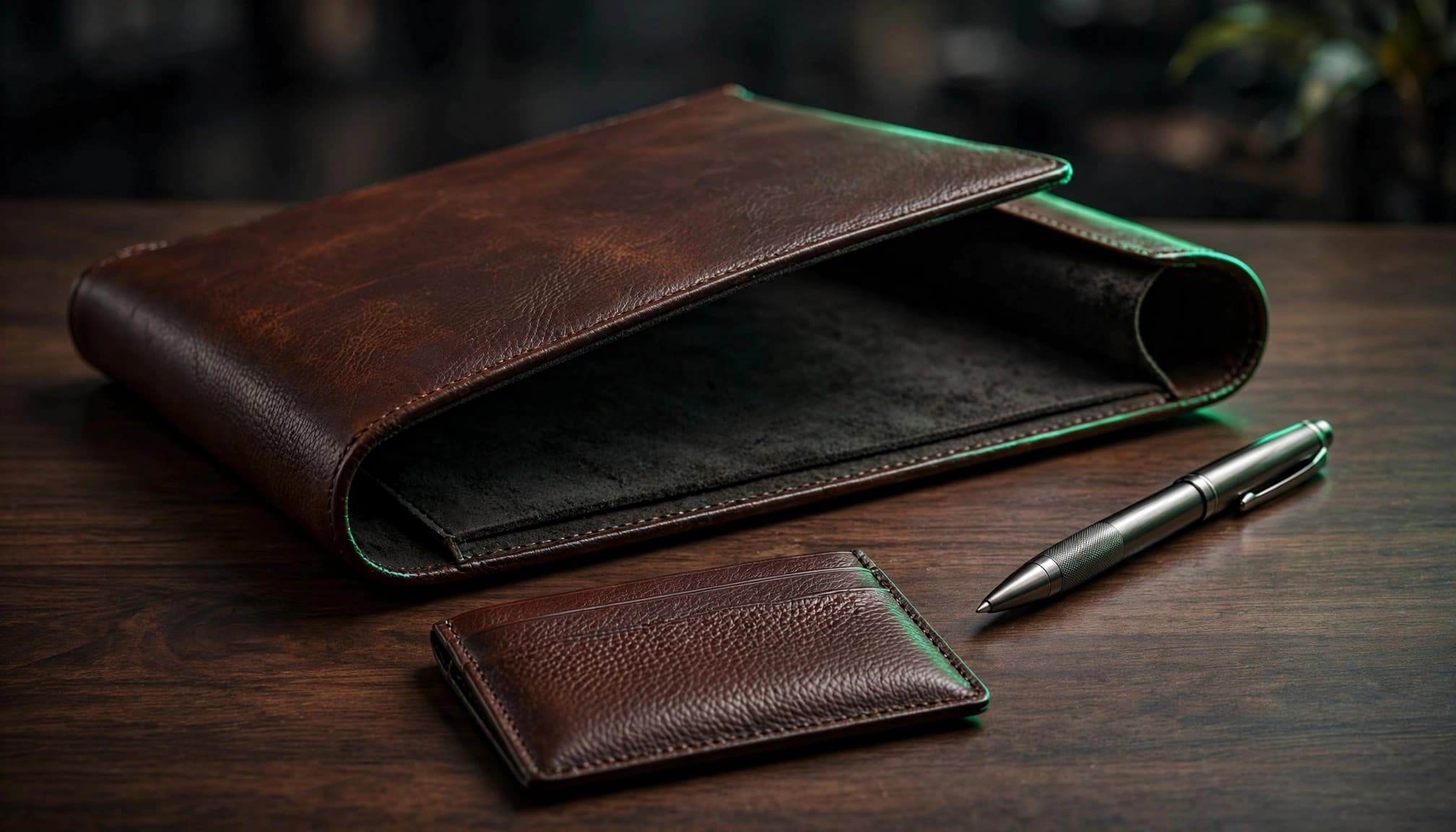 Leather portfolio, cardholder, and metal pen arranged on a dark wood desk.