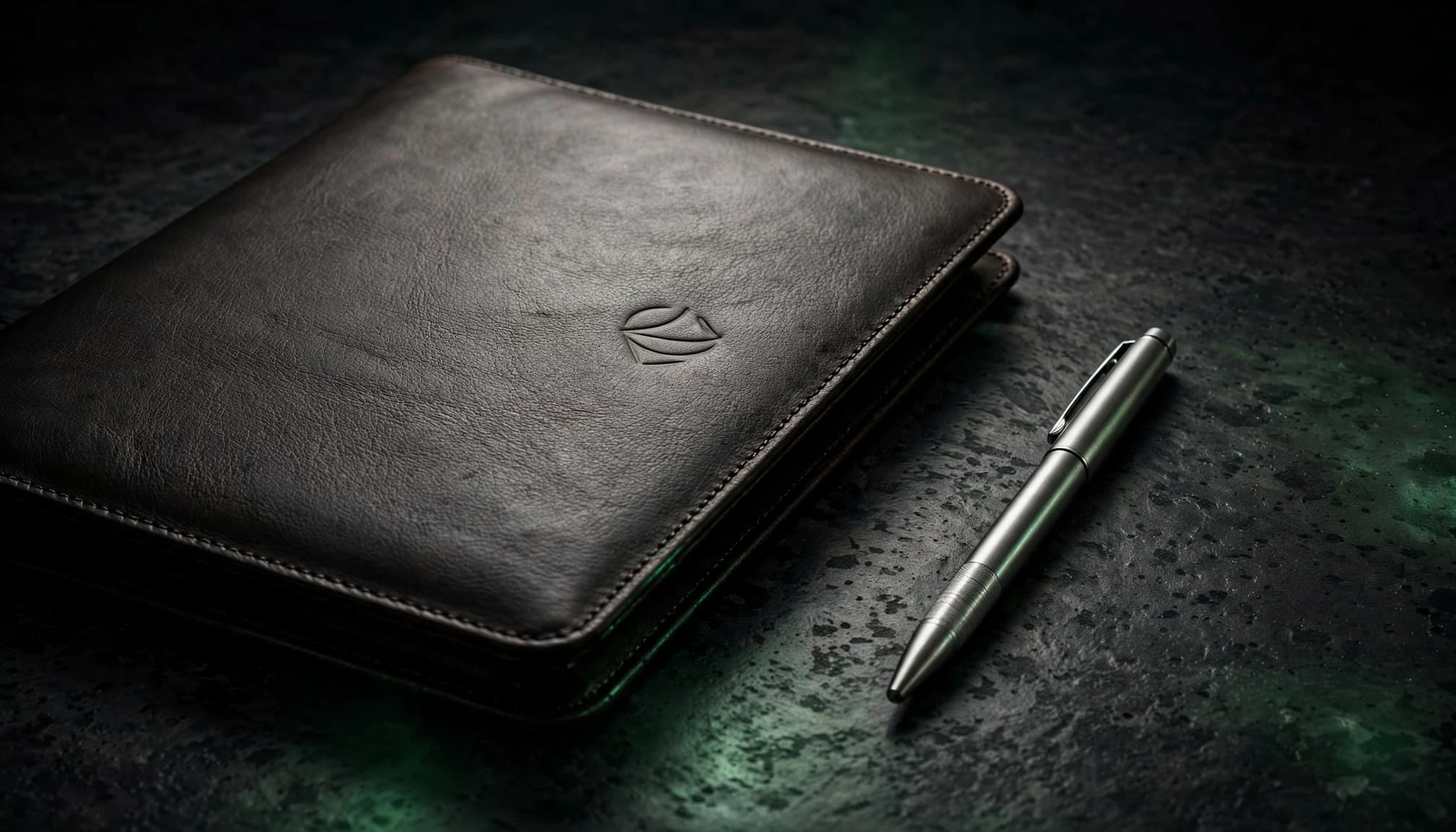 A leather portfolio and metal pen arranged on a dark table with a green accent.
