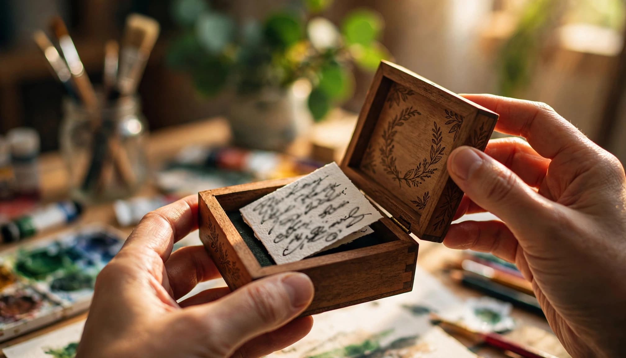 Two hands open a wooden gift box holding a handwritten thank-you card.