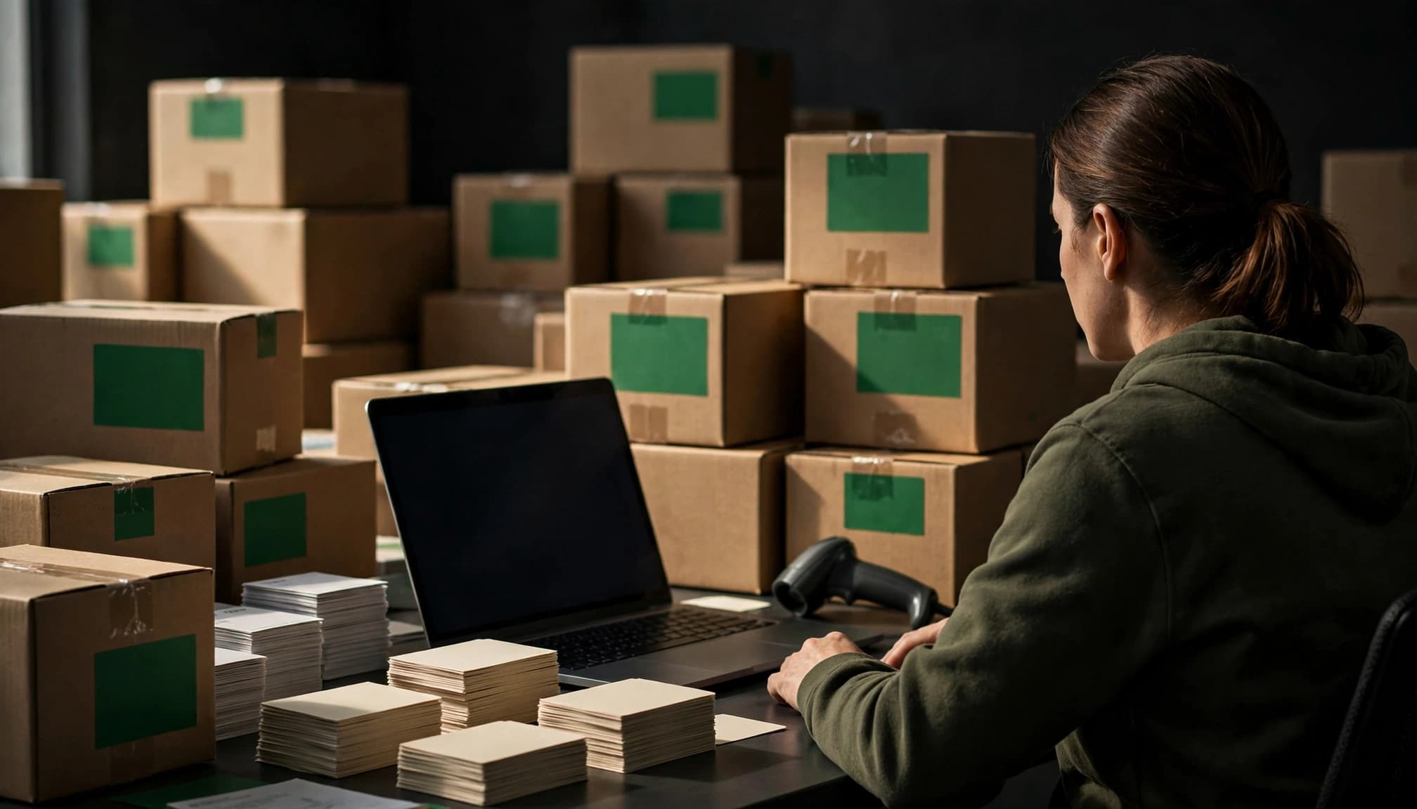 Coordinator reviewing gift shipments beside address cards, boxes, and a barcode scanner.