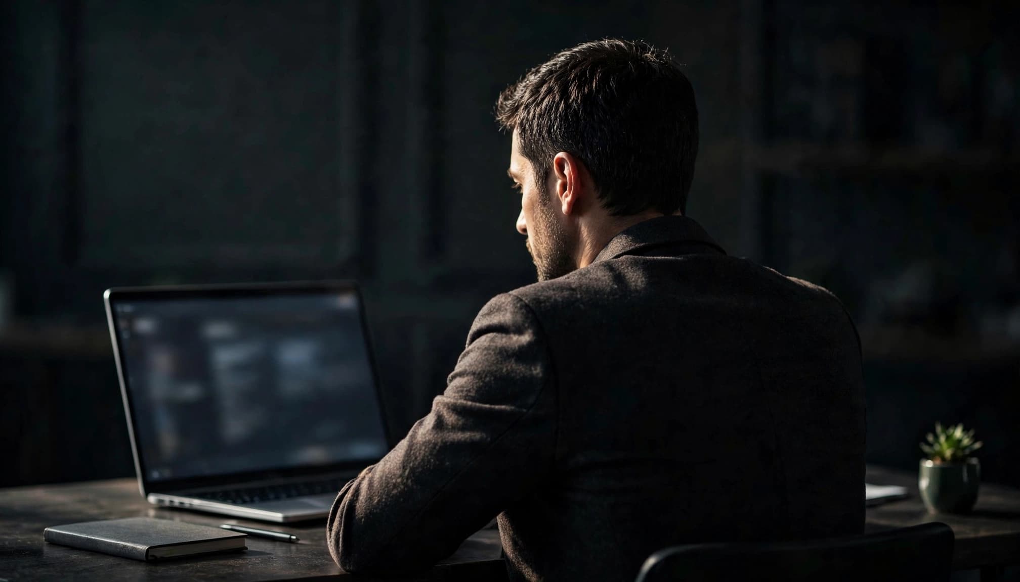 An operations manager reviews an unreadable screen on a laptop in a dim office.