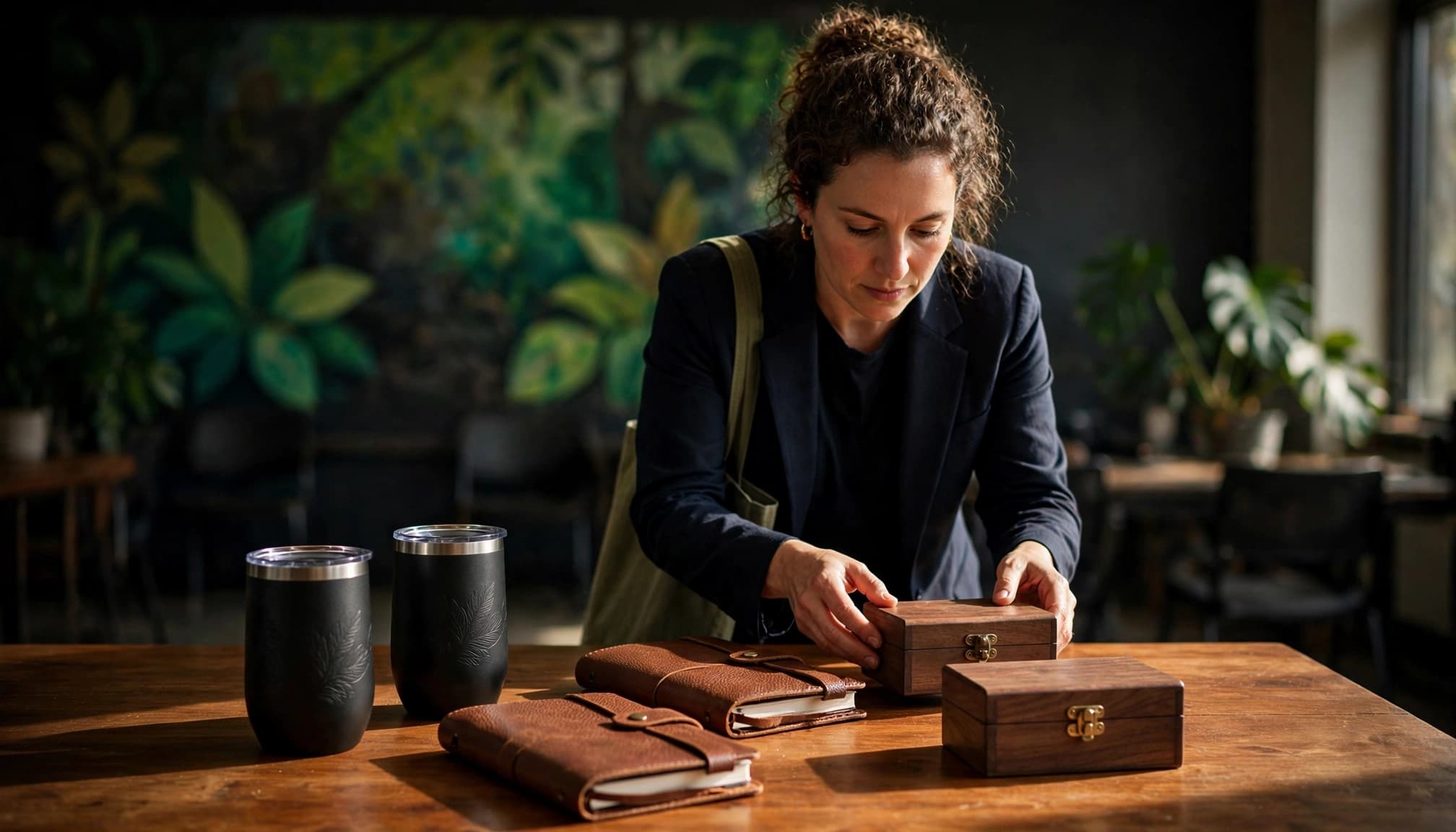 A director arranges six gifts on a wooden table before a blurred mural.