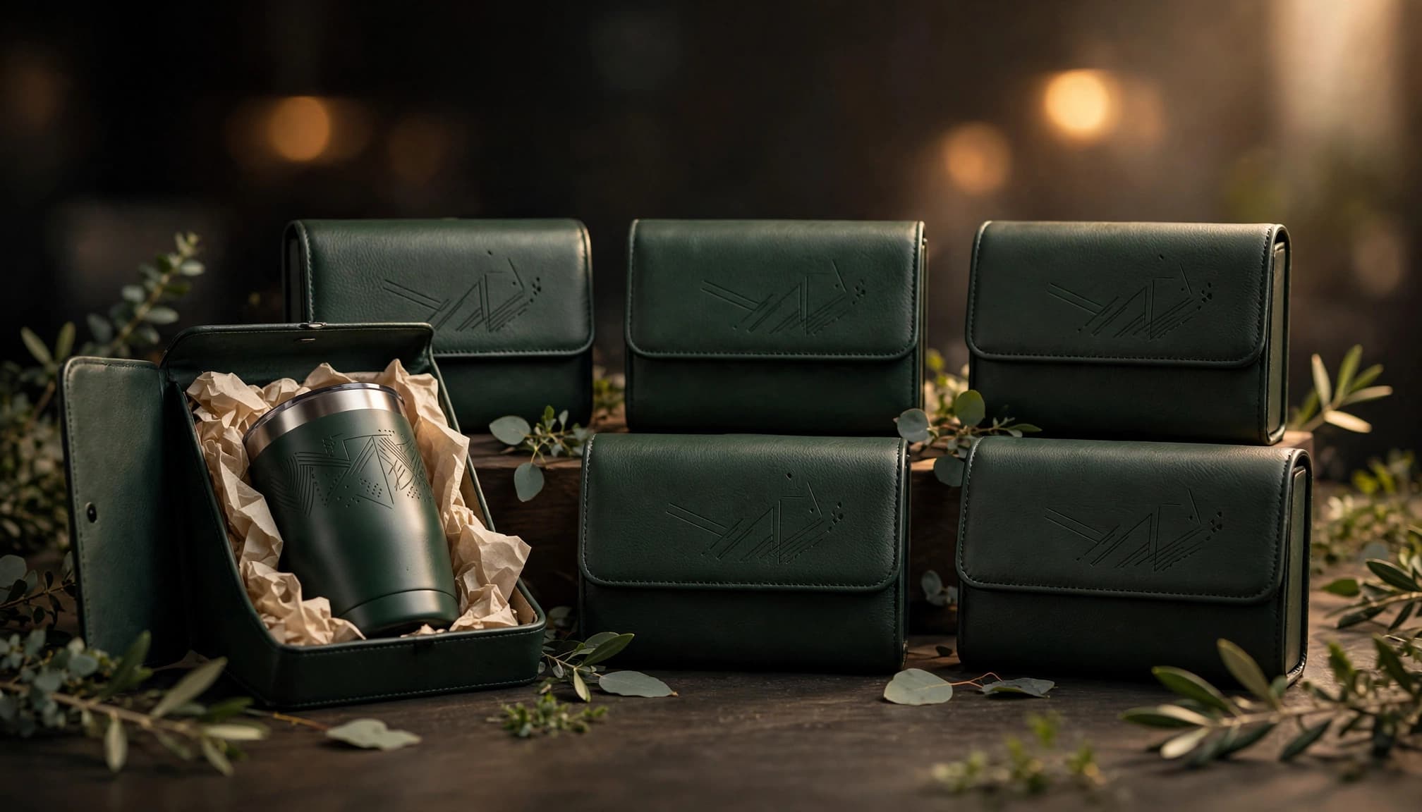 Six engraved tumblers and leather gift cases arranged on a warmly lit office table.