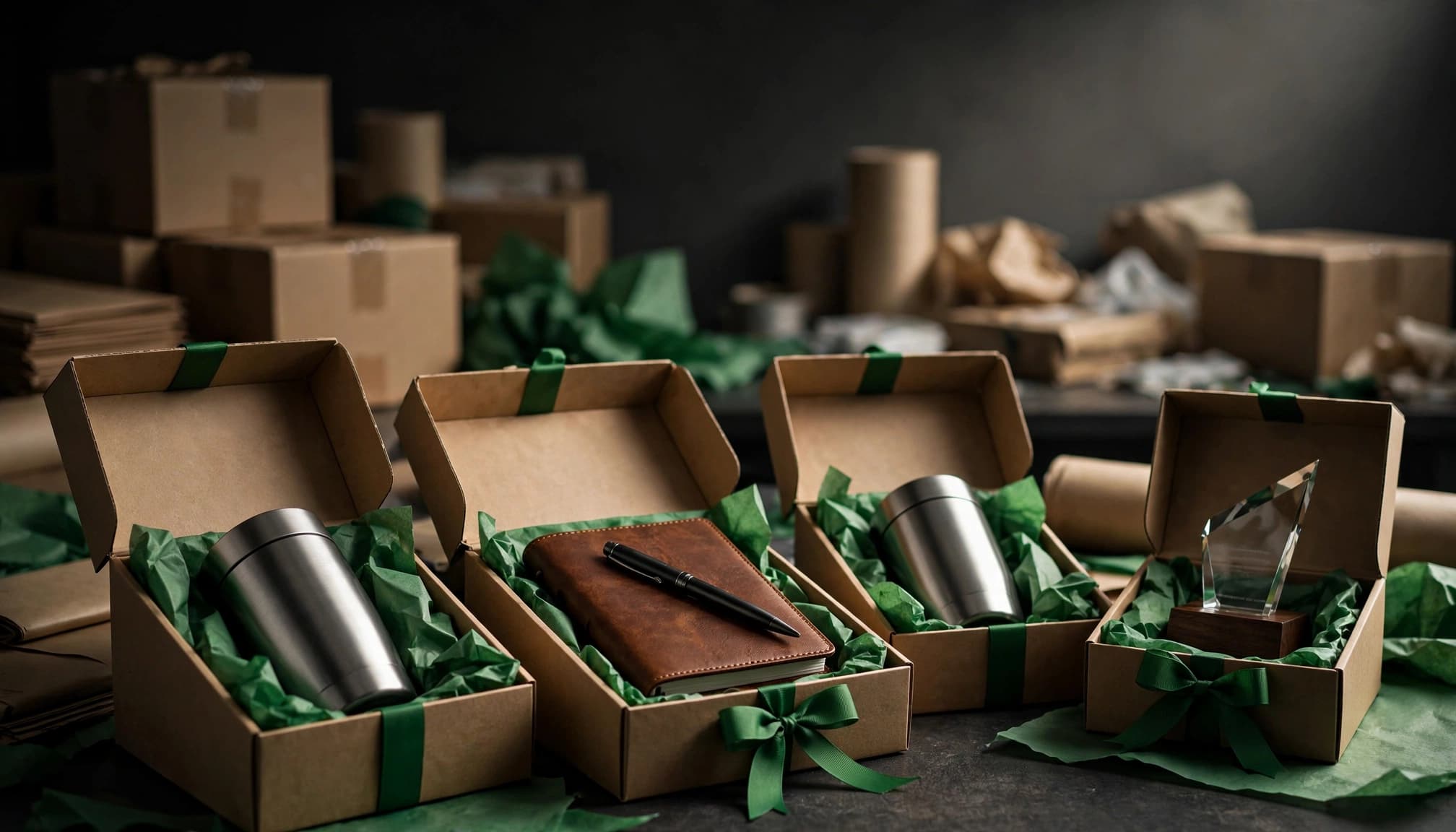 Personalized gifts arranged in separate boxes on a packing table.
