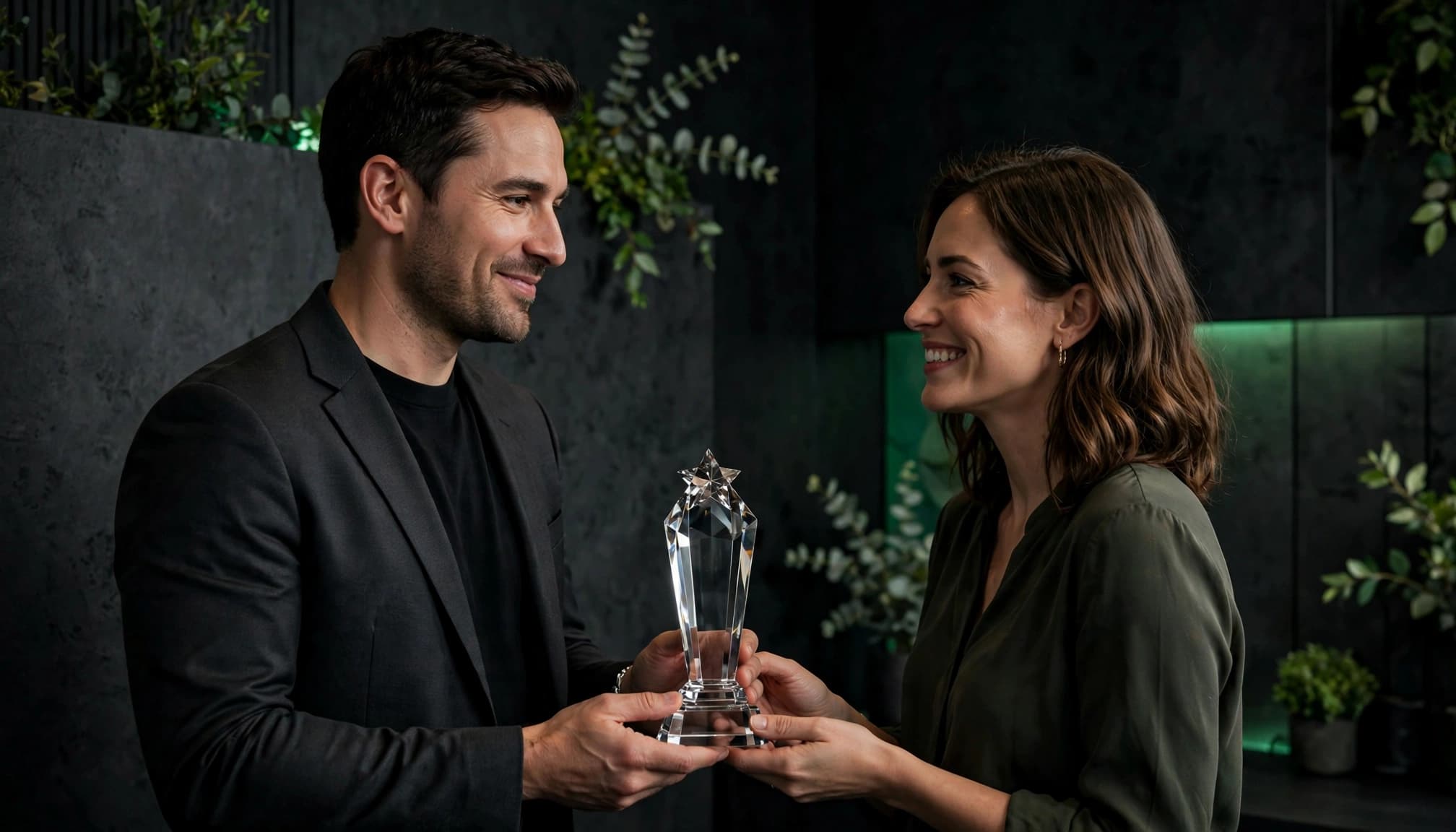 A team leader presents a crystal award to an employee.
