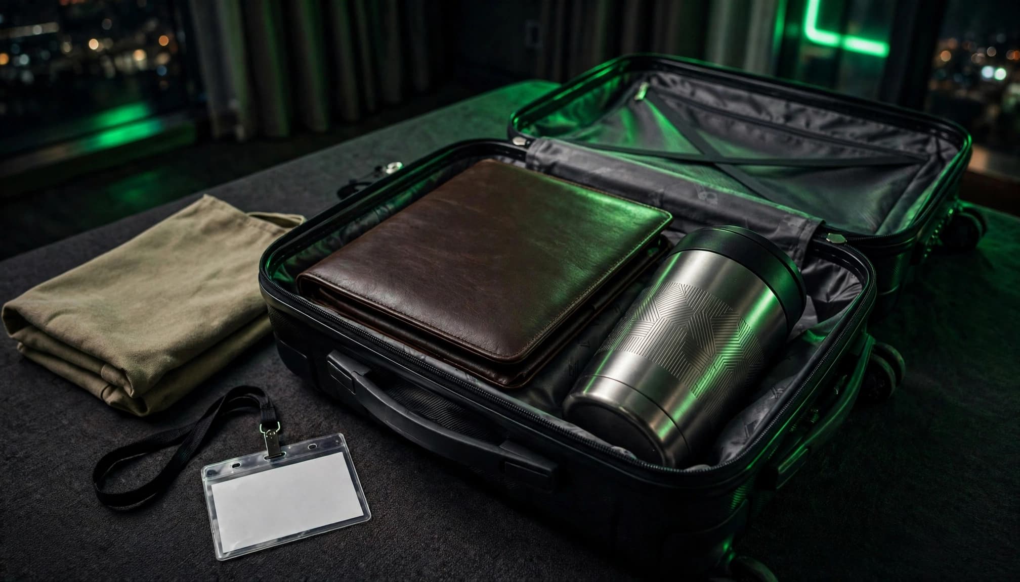 Open suitcase with a tumbler, portfolio, tote, and badge.