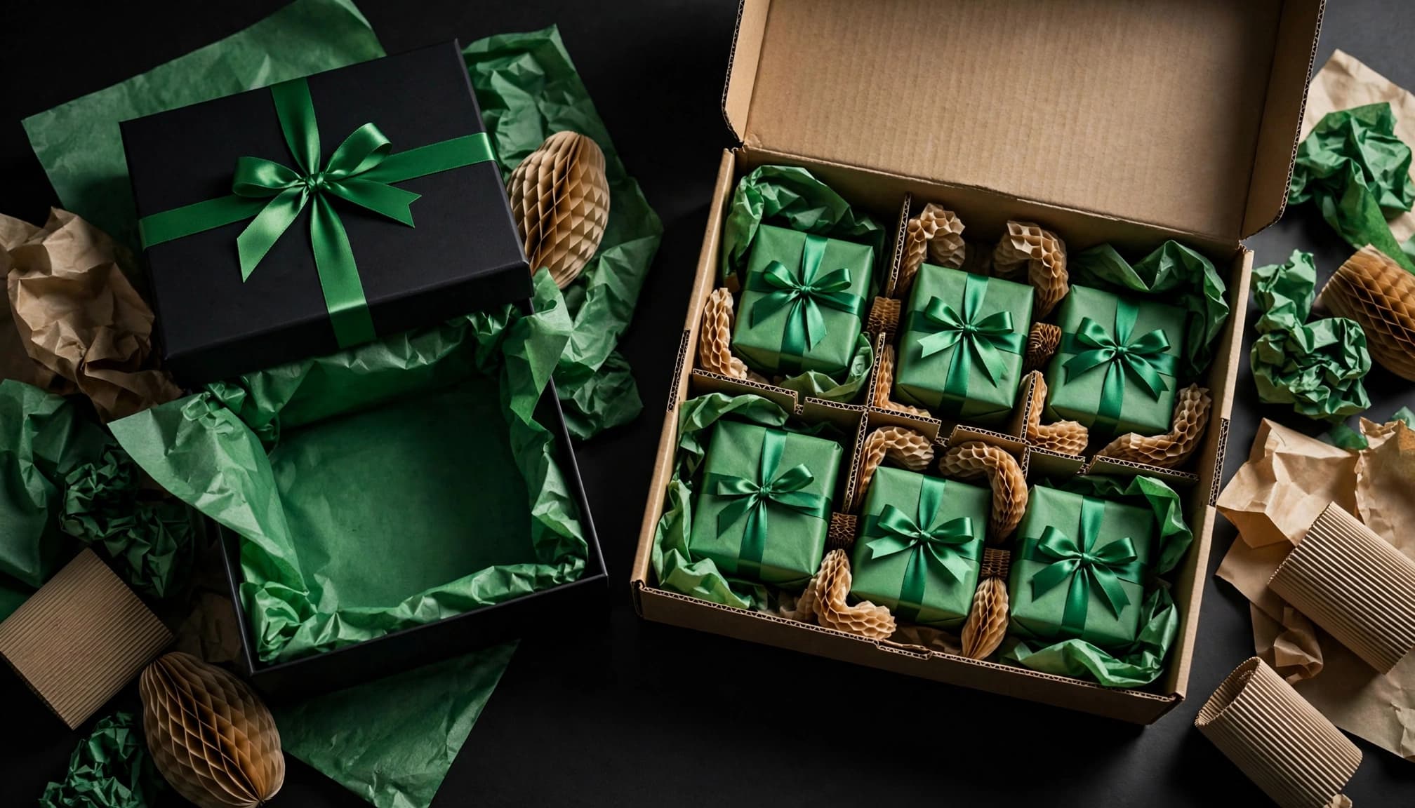 Two gift packaging options with protected boxes, tissue paper, and shipping materials on a dark table.