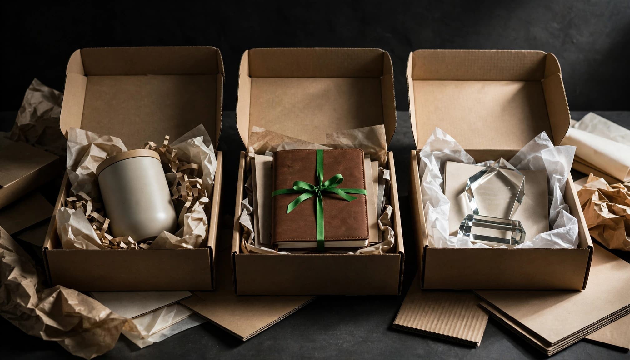 A tumbler, notebook, and glass award arranged in open gift boxes.