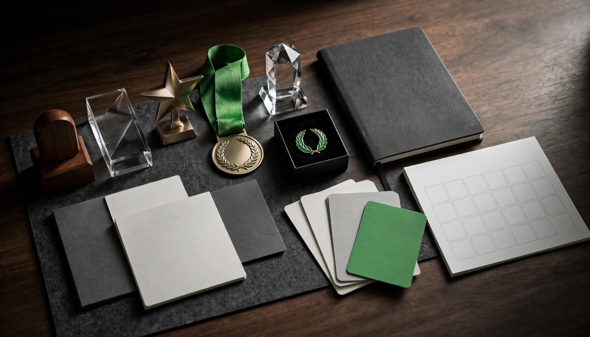 Six awards and keepsakes sit beside a notebook, paper swatches, and a blank calendar.
