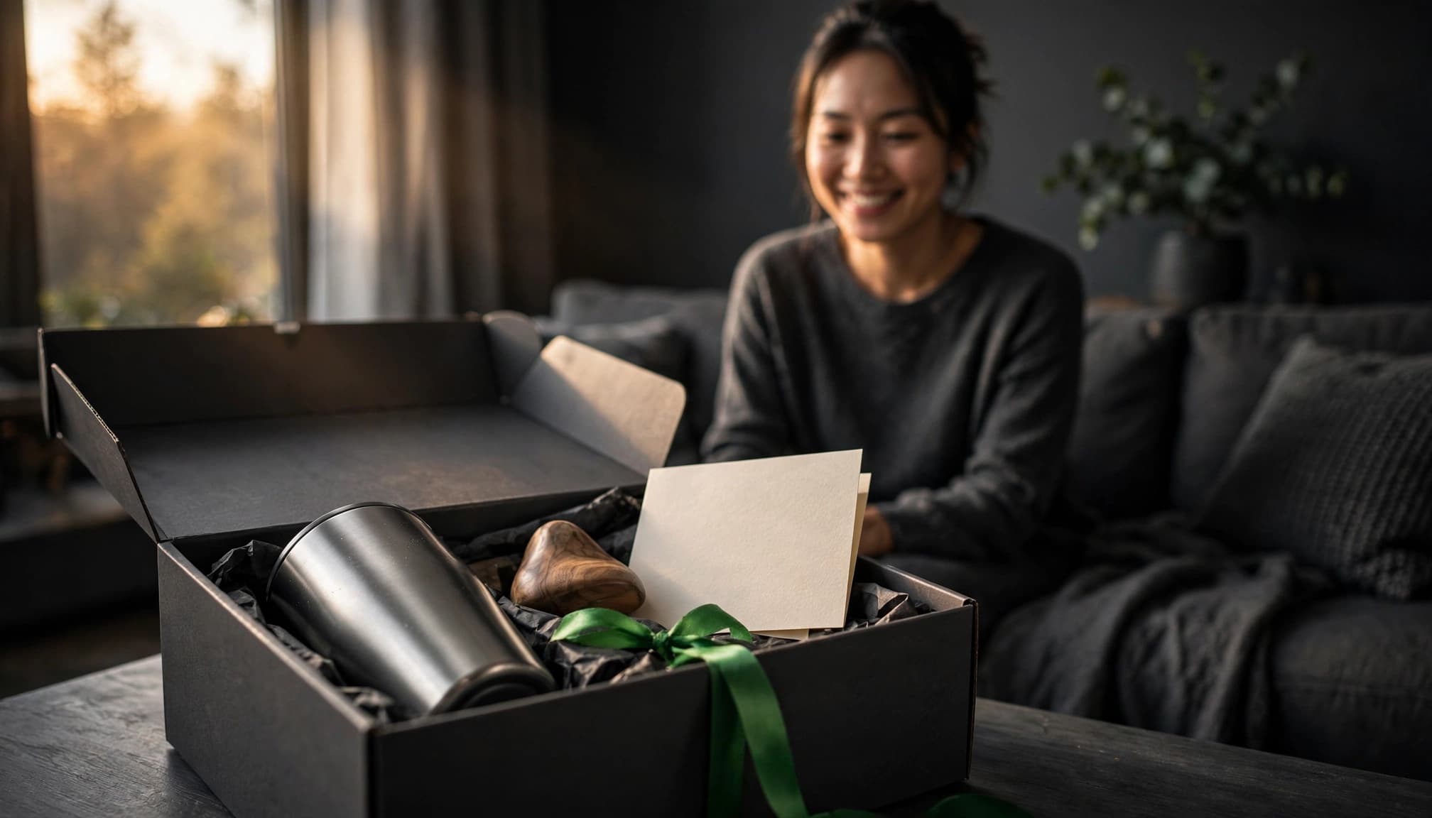 A smiling employee looks at an open gift box with a tumbler and keepsake.