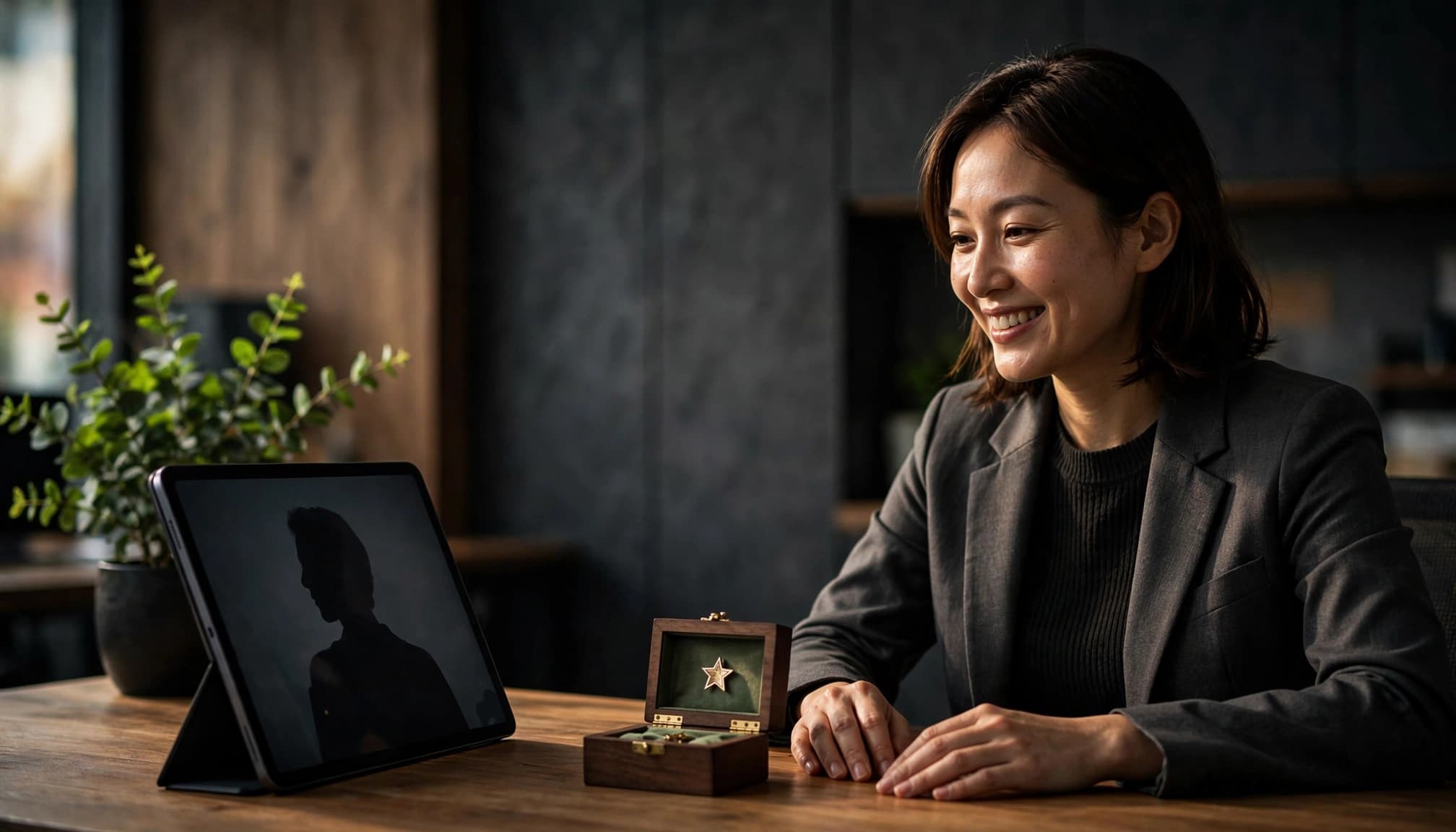 An office colleague sits beside a tablet and keepsake box during a video call.