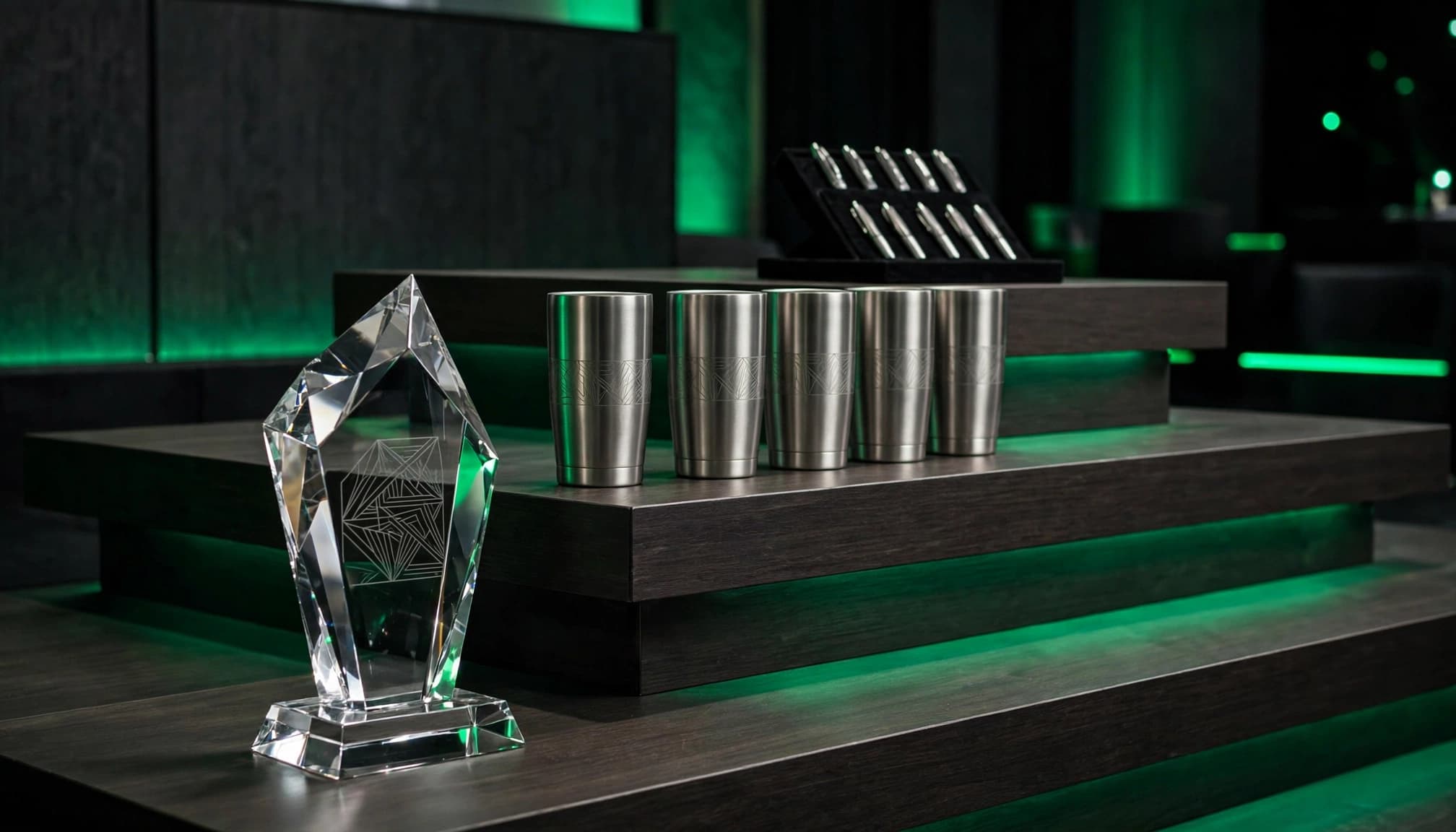 Three tiers display an award, tumblers, and pens in a dark lounge with green lighting.