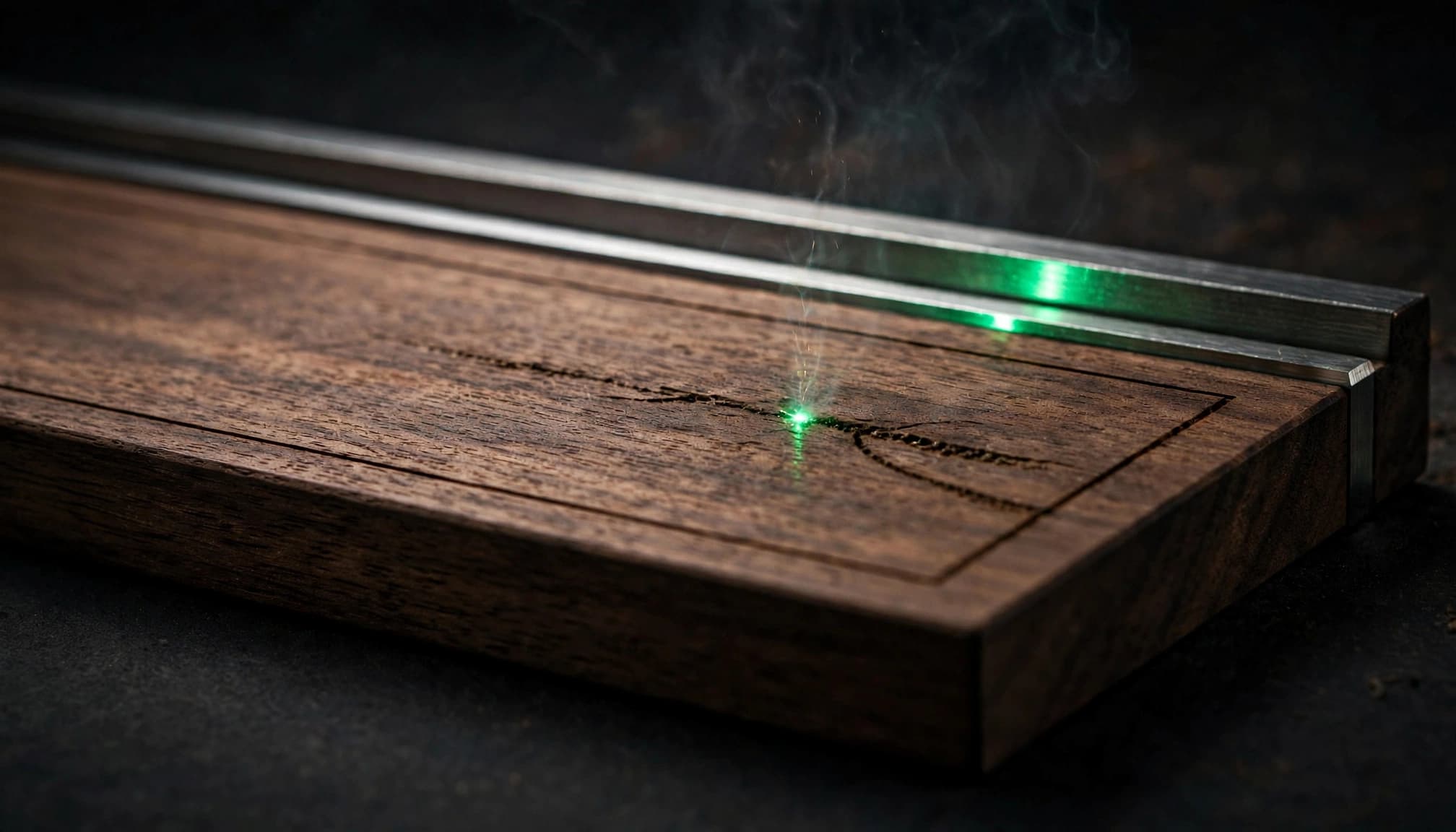 A walnut plaque with an abstract engraving mark and a faint green reflection on its metal edge.