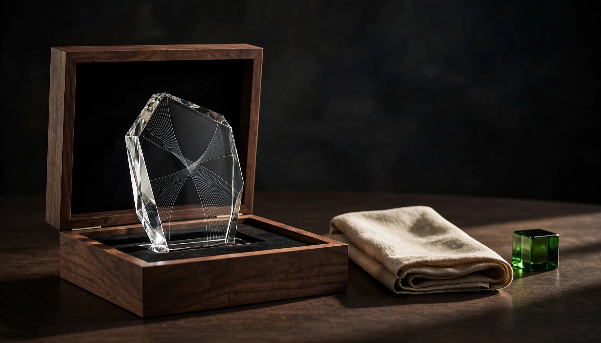 A crystal award in a walnut box sits beside a folded napkin and green glass accent.
