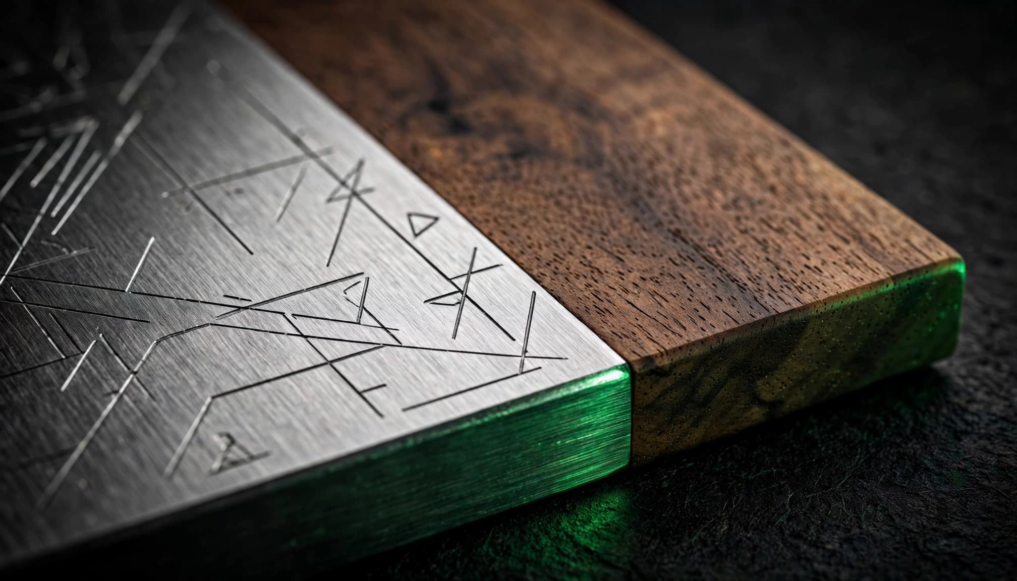 A metal plate with abstract engraving rests on a walnut base against a dark surface.