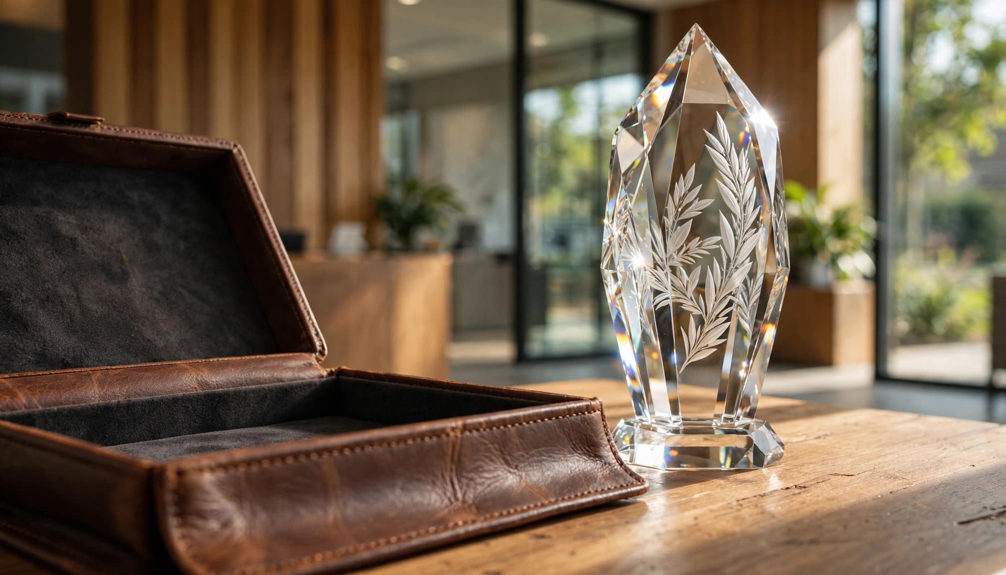A crystal award and leather case rest together on a reception counter.