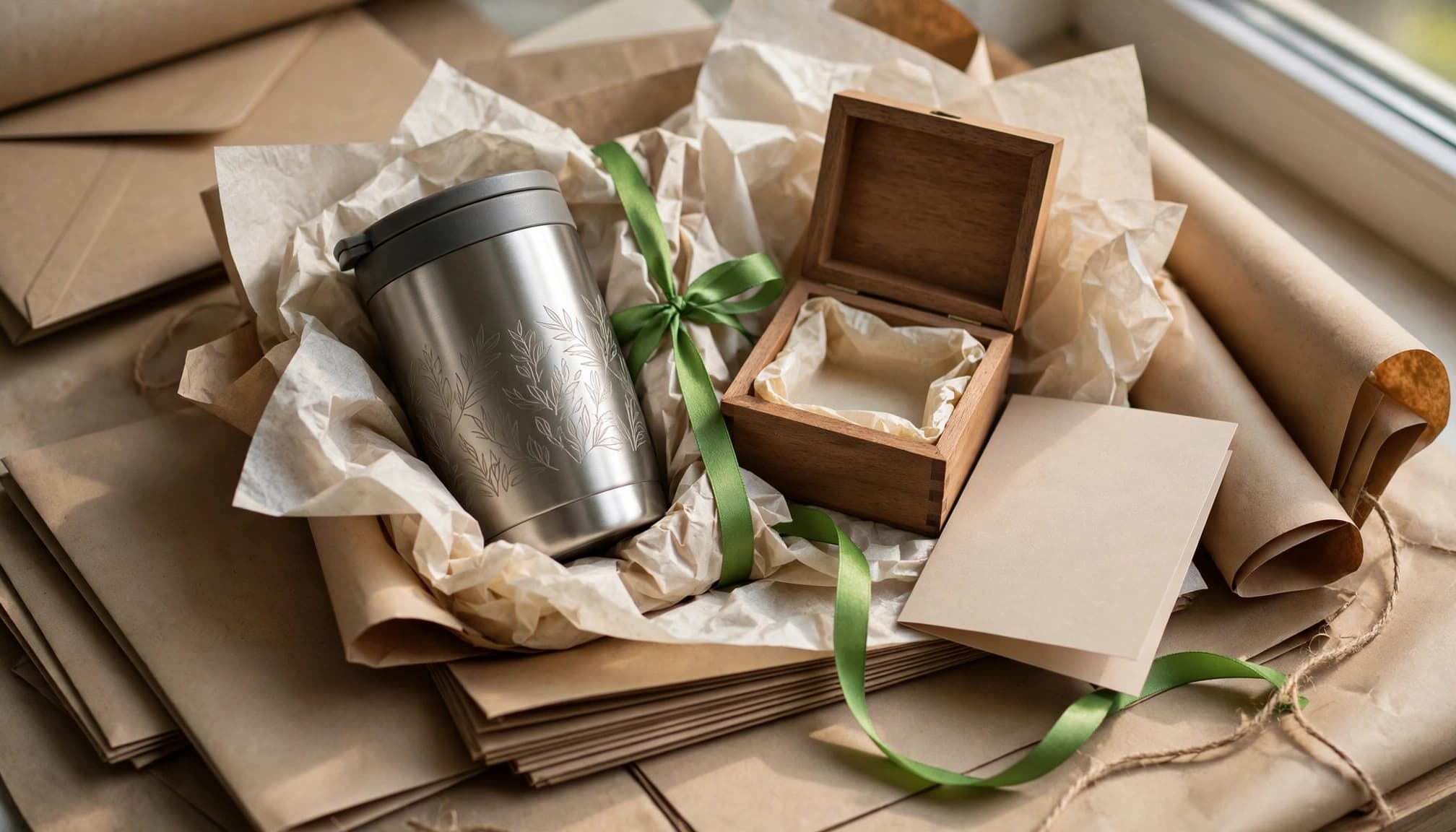 A tumbler, keepsake box, and blank card arranged with tissue and green ribbon.