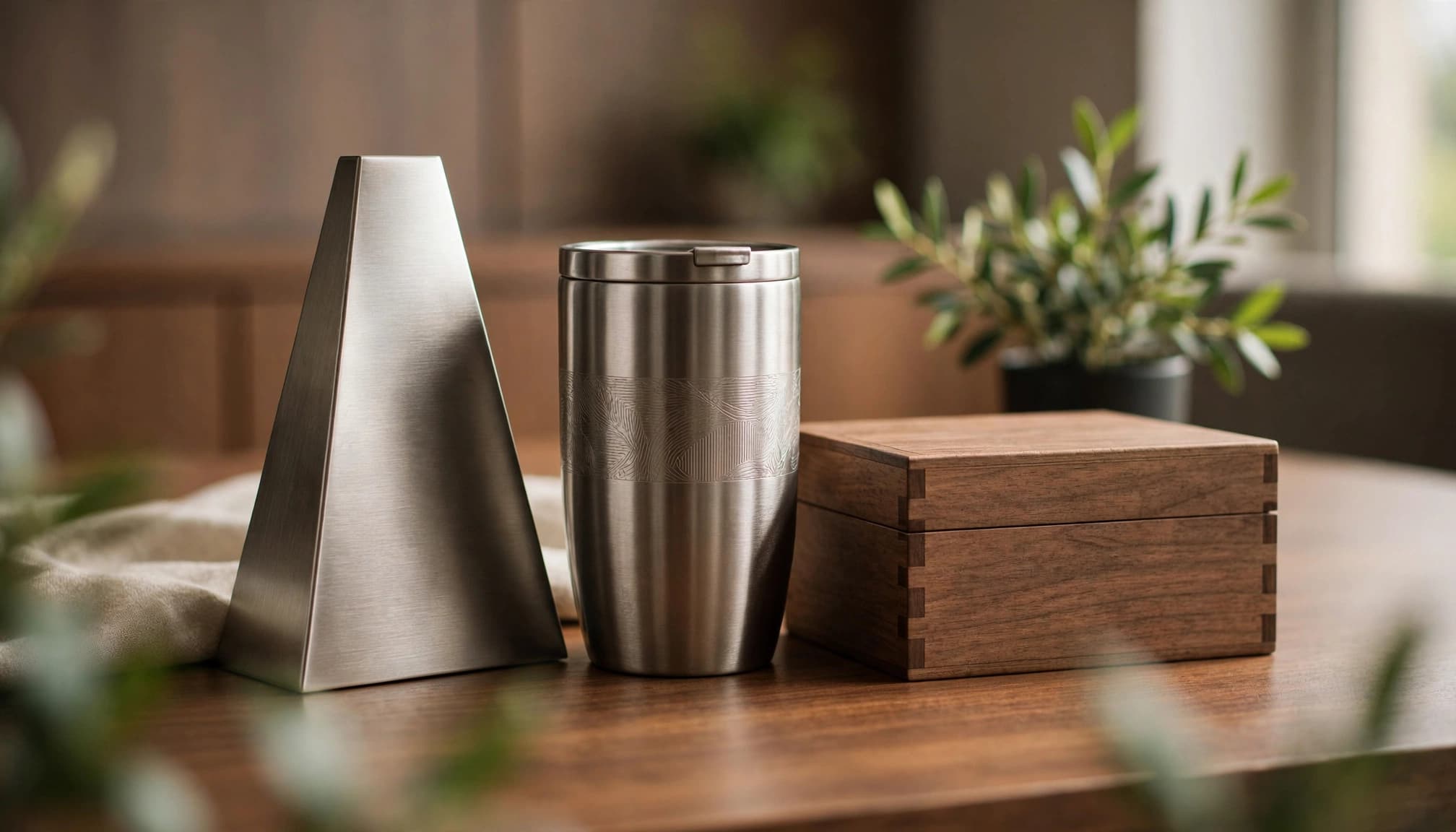 An award, insulated tumbler, and keepsake box sit on a wooden credenza.
