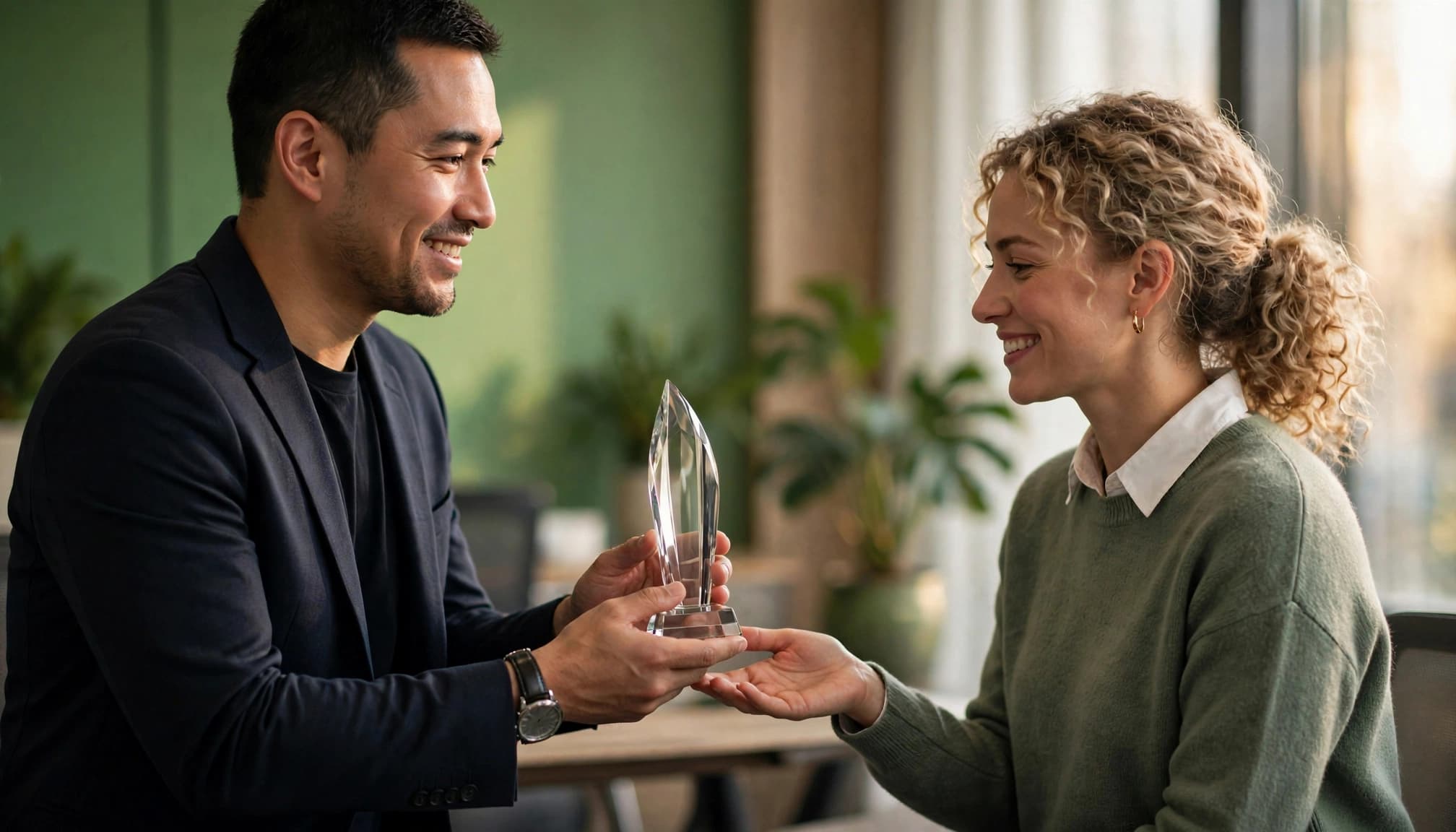 A manager presents a glass award to an employee in a softly lit conference room.