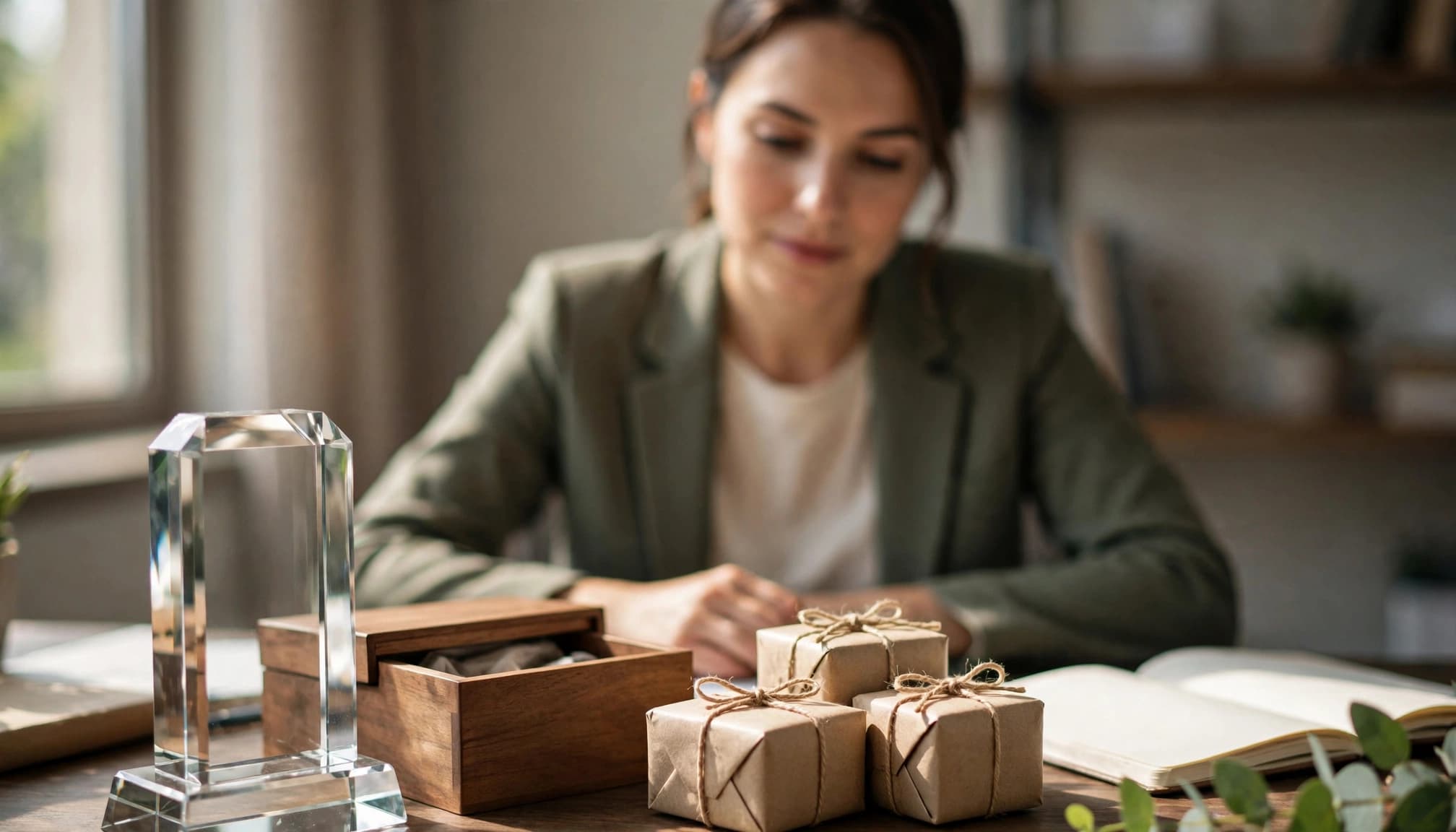 A glass award, wooden box, and gift packages arranged beside an open notebook.