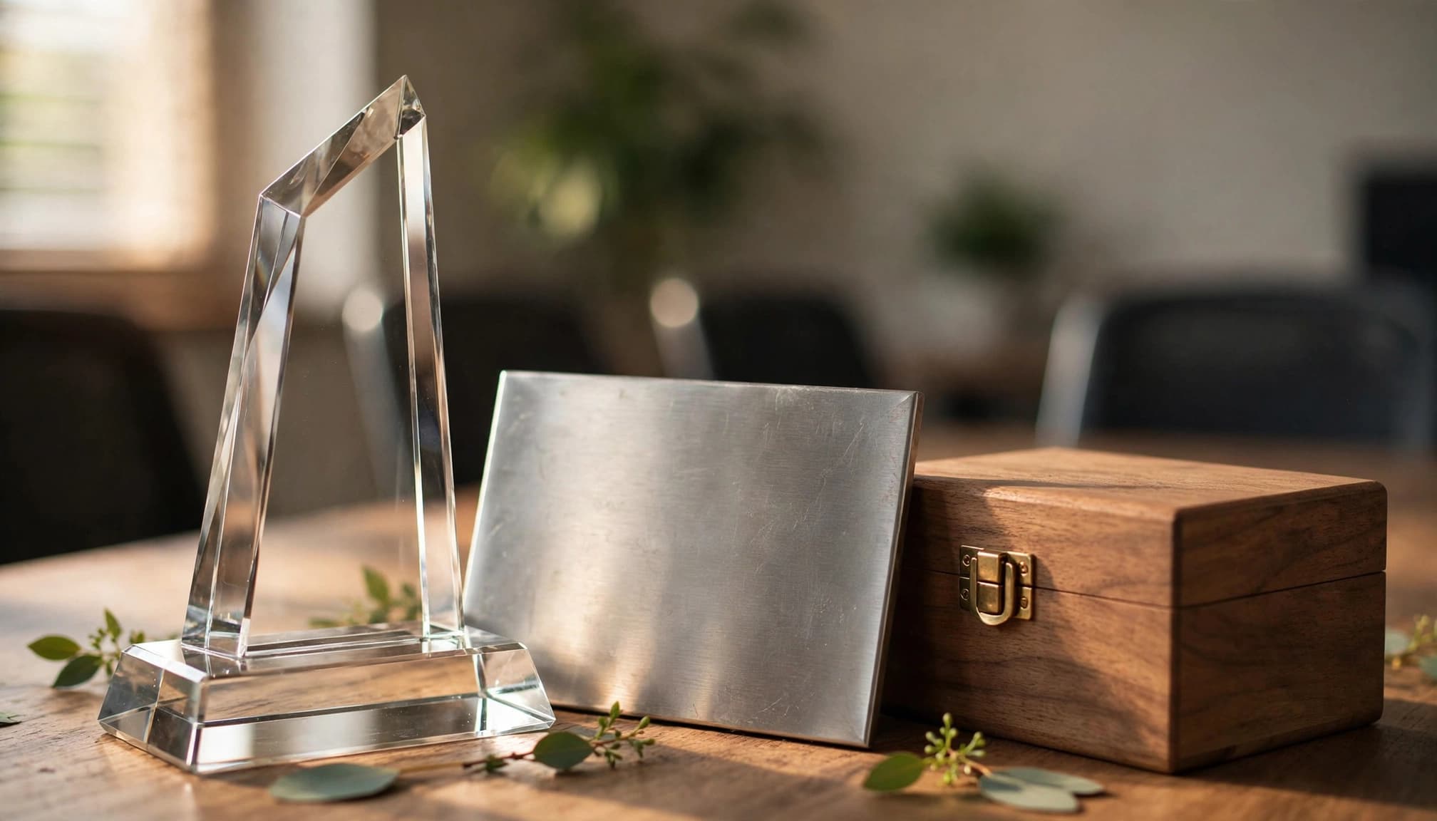 A glass award, metal plaque, and wooden box arranged on a meeting room table.