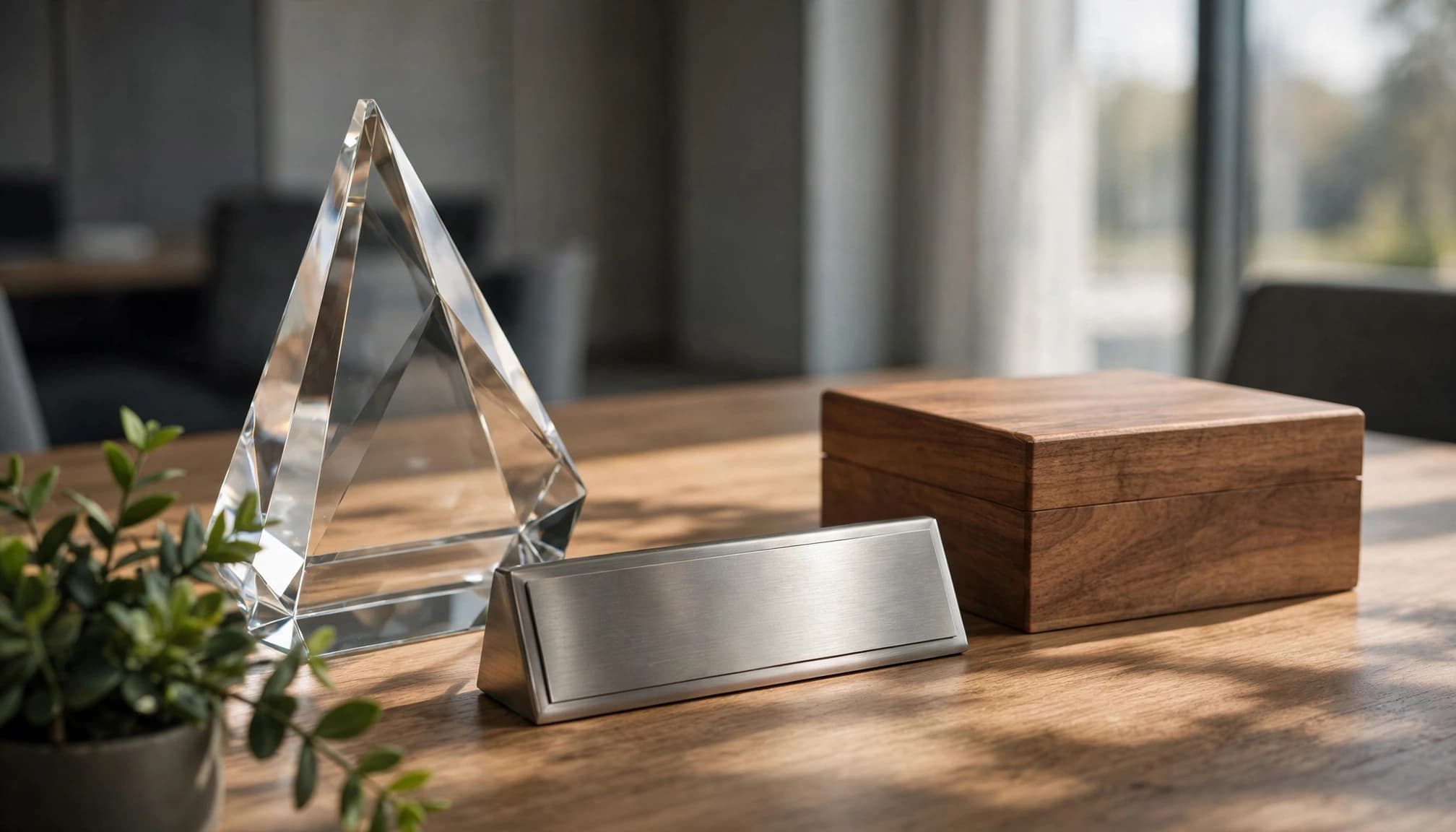 A glass award, metal plaque, and wooden keepsake box sit on a meeting table.