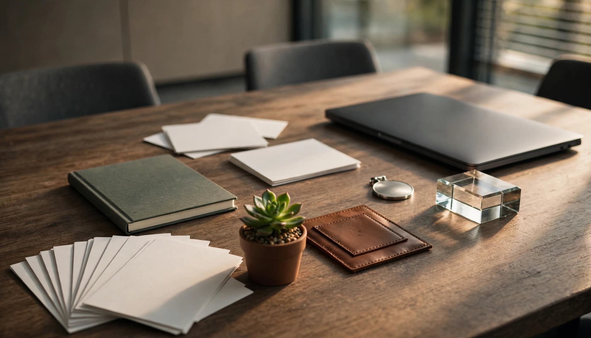 Keepsake samples, blank cards, a notebook, and a closed laptop on a conference table.