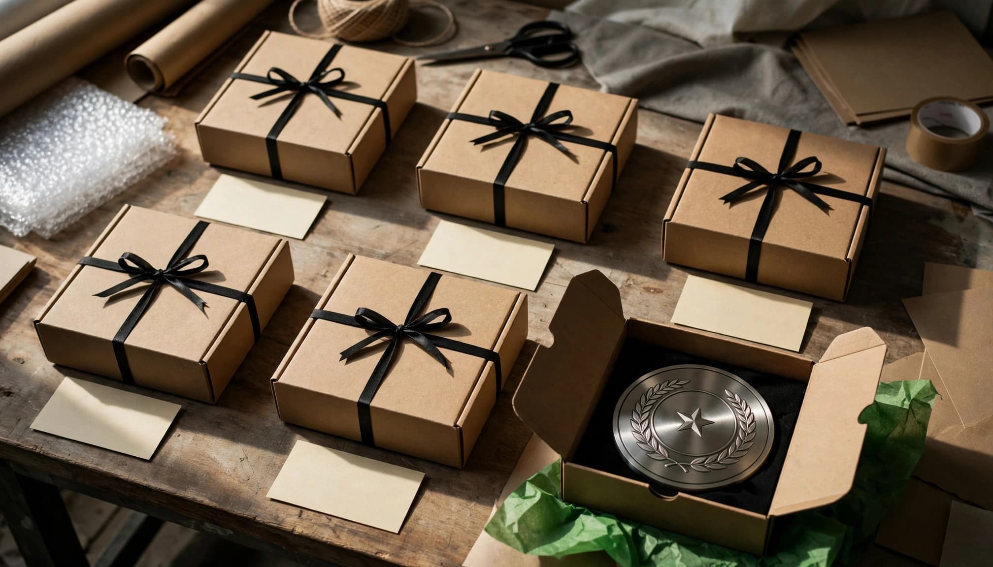 Six gift boxes and blank name cards sit on a packing table, with an award visible inside one open box.