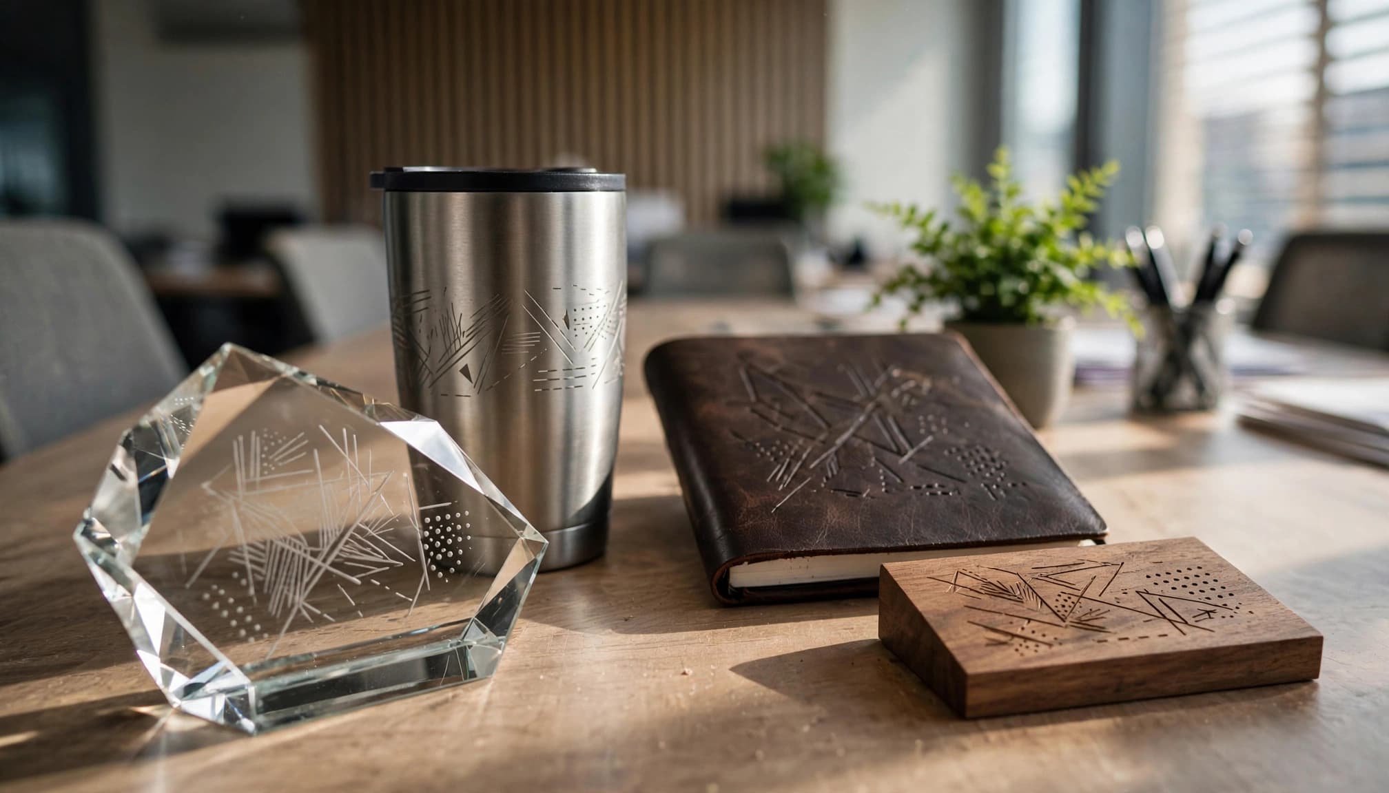 Four recognition keepsakes arranged on a conference table beside a small plant.