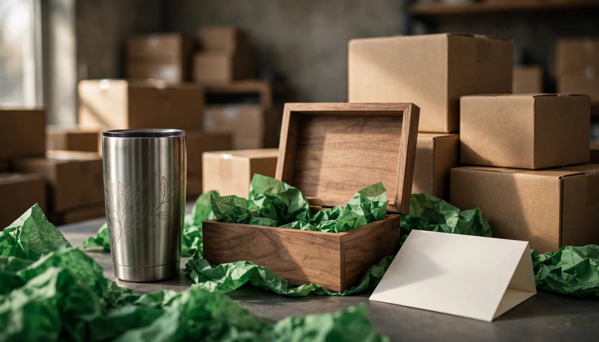 A tumbler, wooden box, and blank card arranged beside shipping cartons.