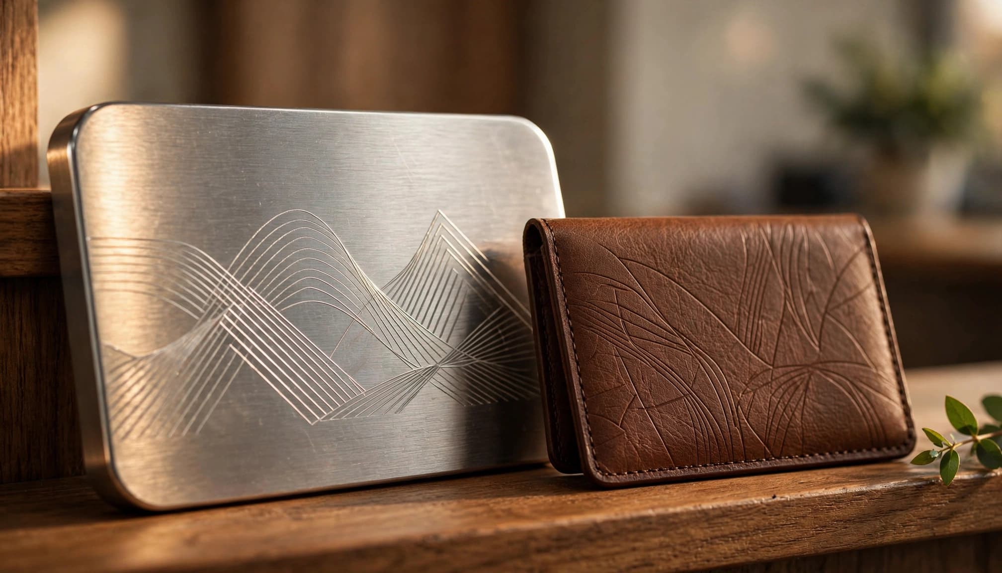 A metal award and leather card holder sit on a wooden shelf beside a green leaf.