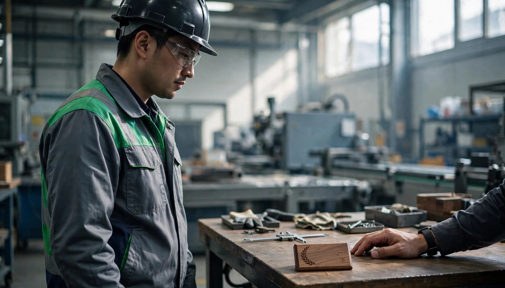 A safety-clad worker stands by a workbench with a wooden keepsake and a supervisor's hand.