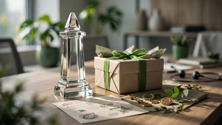 A glass trophy, gift box, feedback card, and award tokens on an office table.