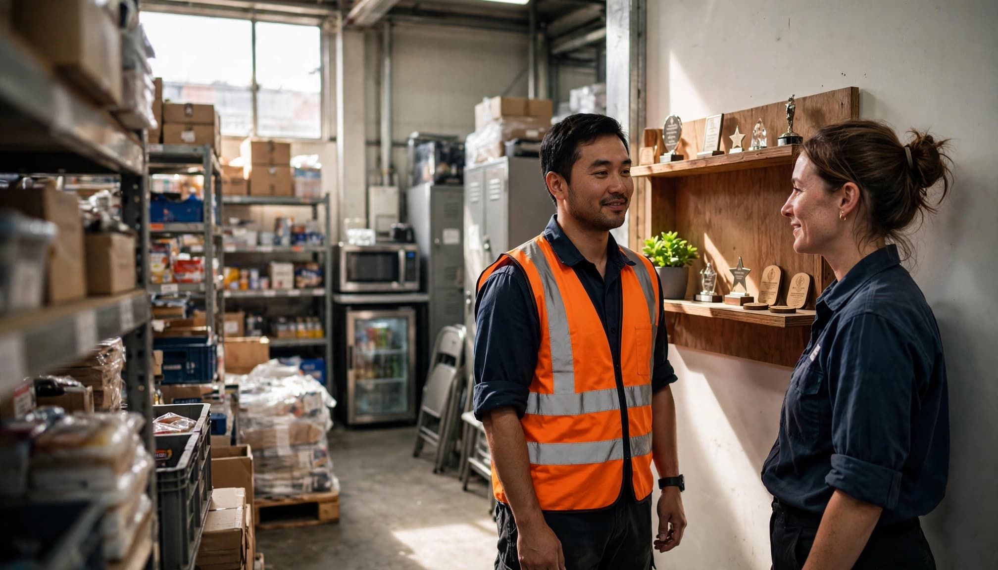 Two warehouse employees stand beside a shelf of small keepsakes.