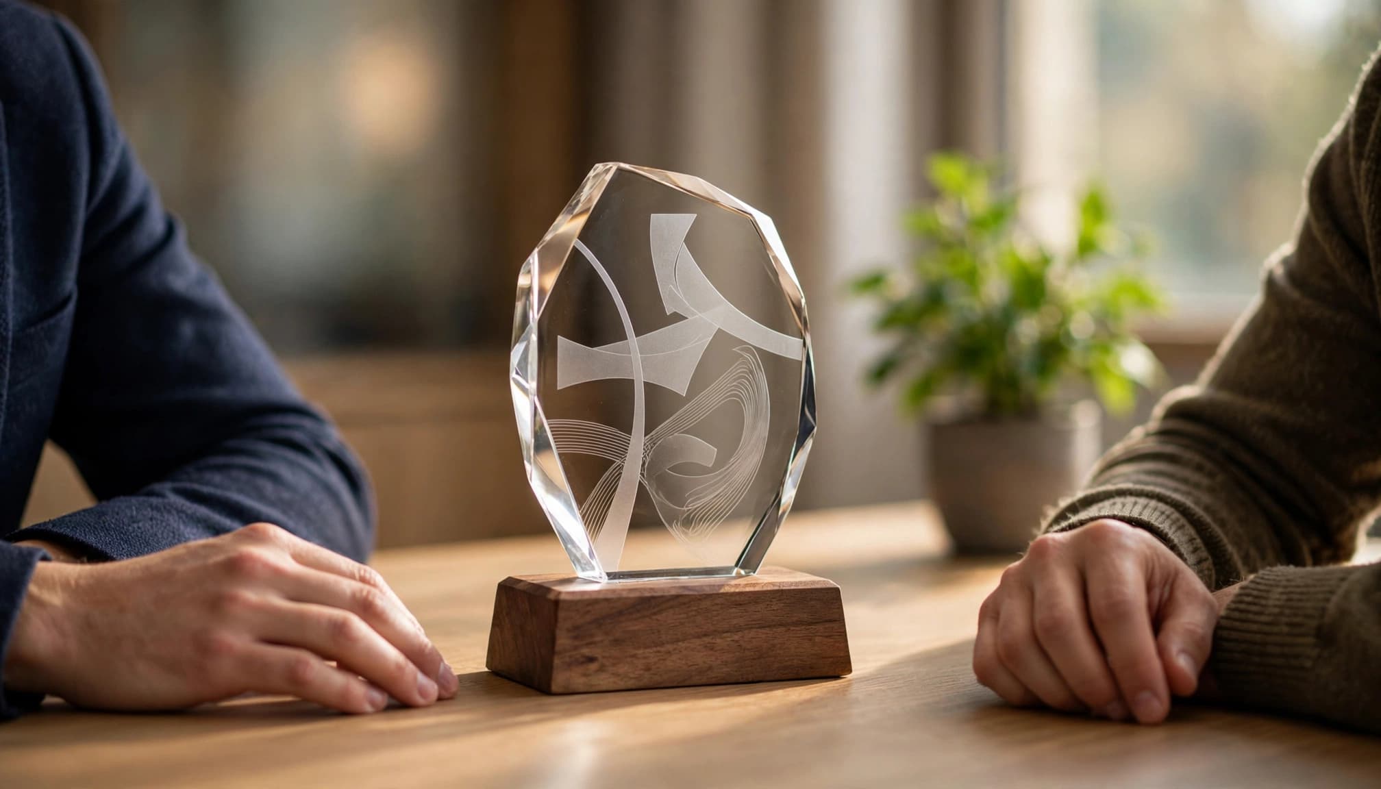 A person presents a glass-and-wood award across a conference table.