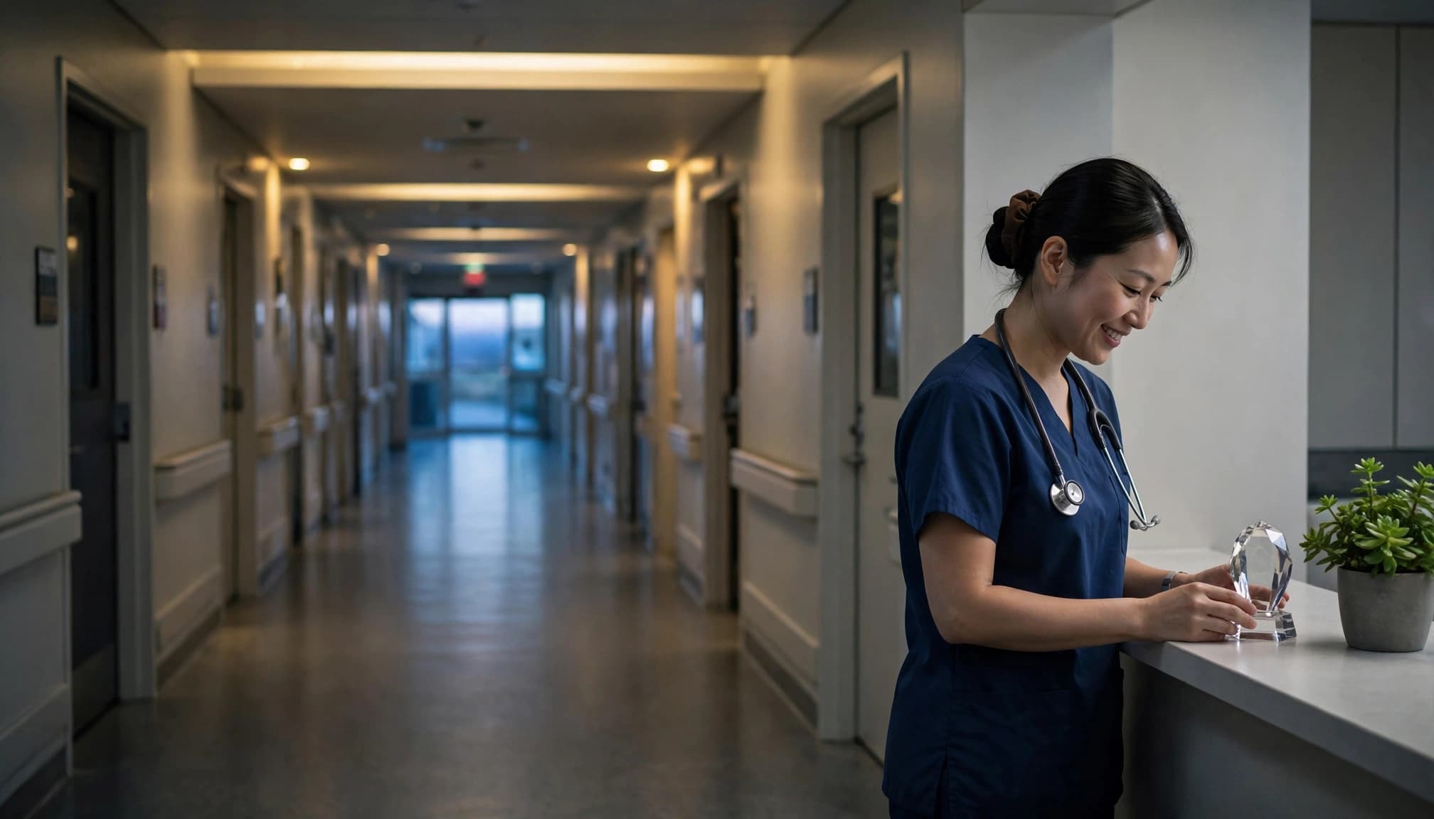 A smiling nurse looks at a crystal award on a hospital counter.