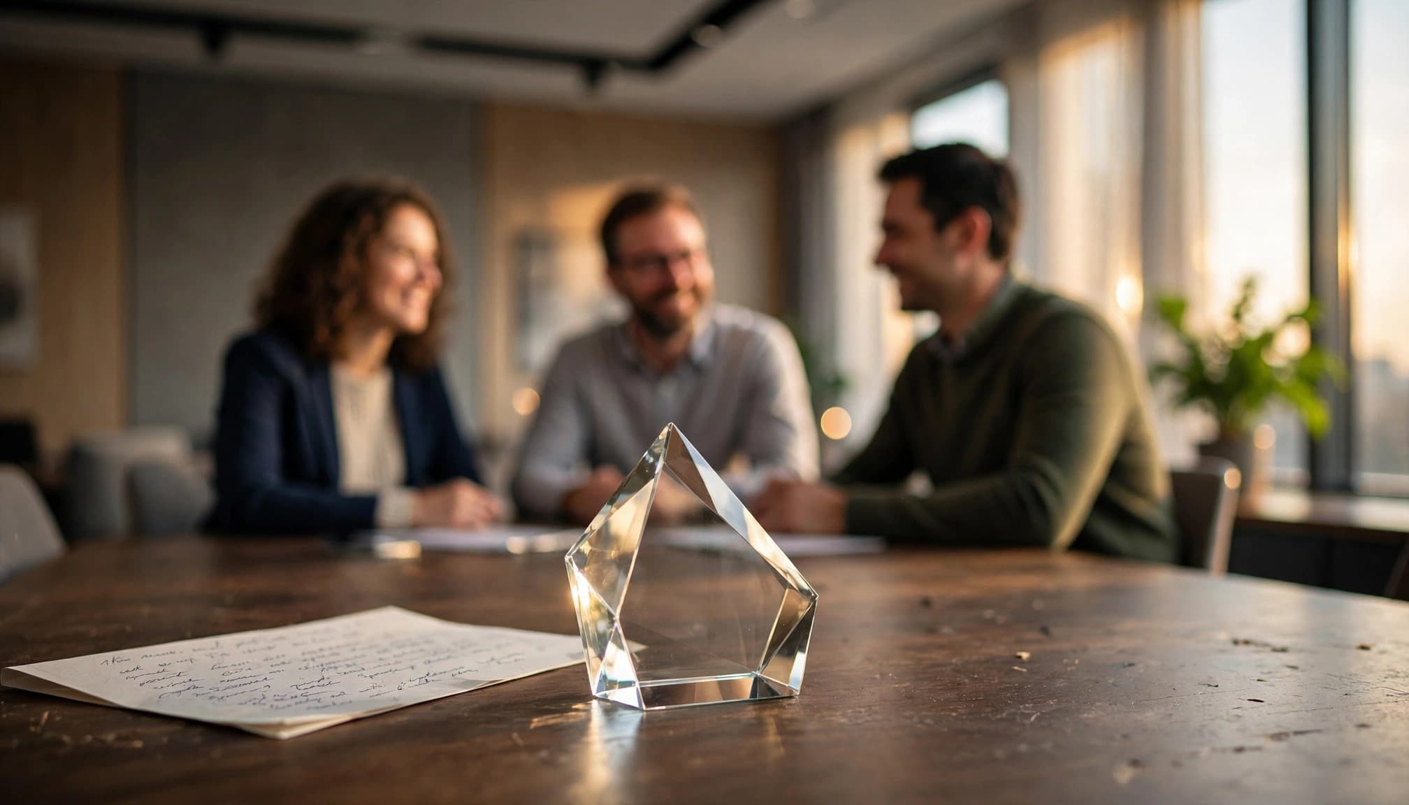 A glass award and handwritten note on a table with three coworkers in the background.