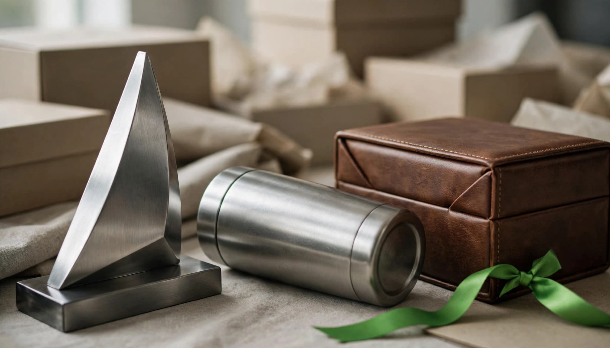 A metal award, tumbler, and leather keepsake box arranged with gift boxes.