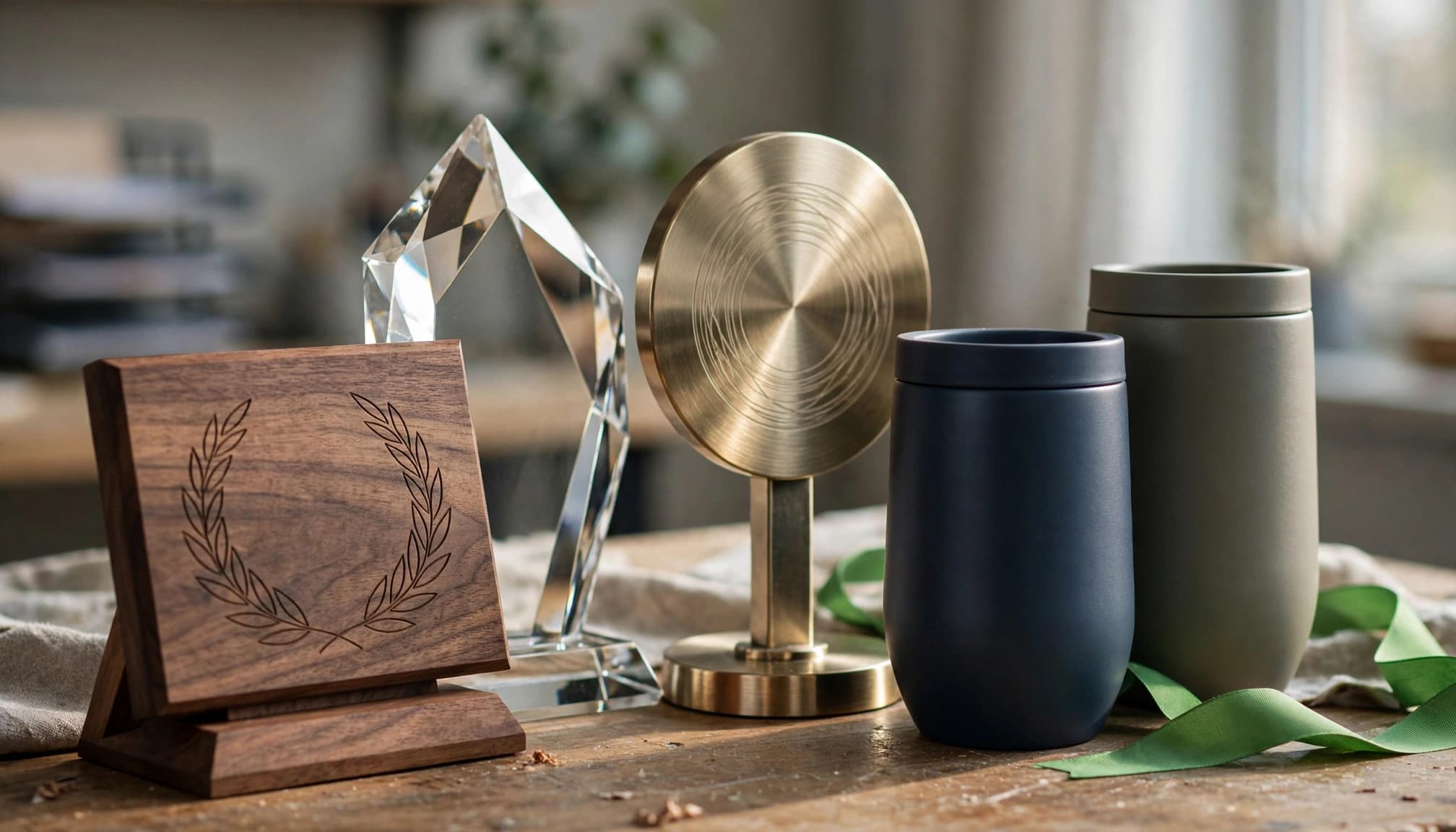 Three material-varied awards and two tumblers sit together on a worktable.