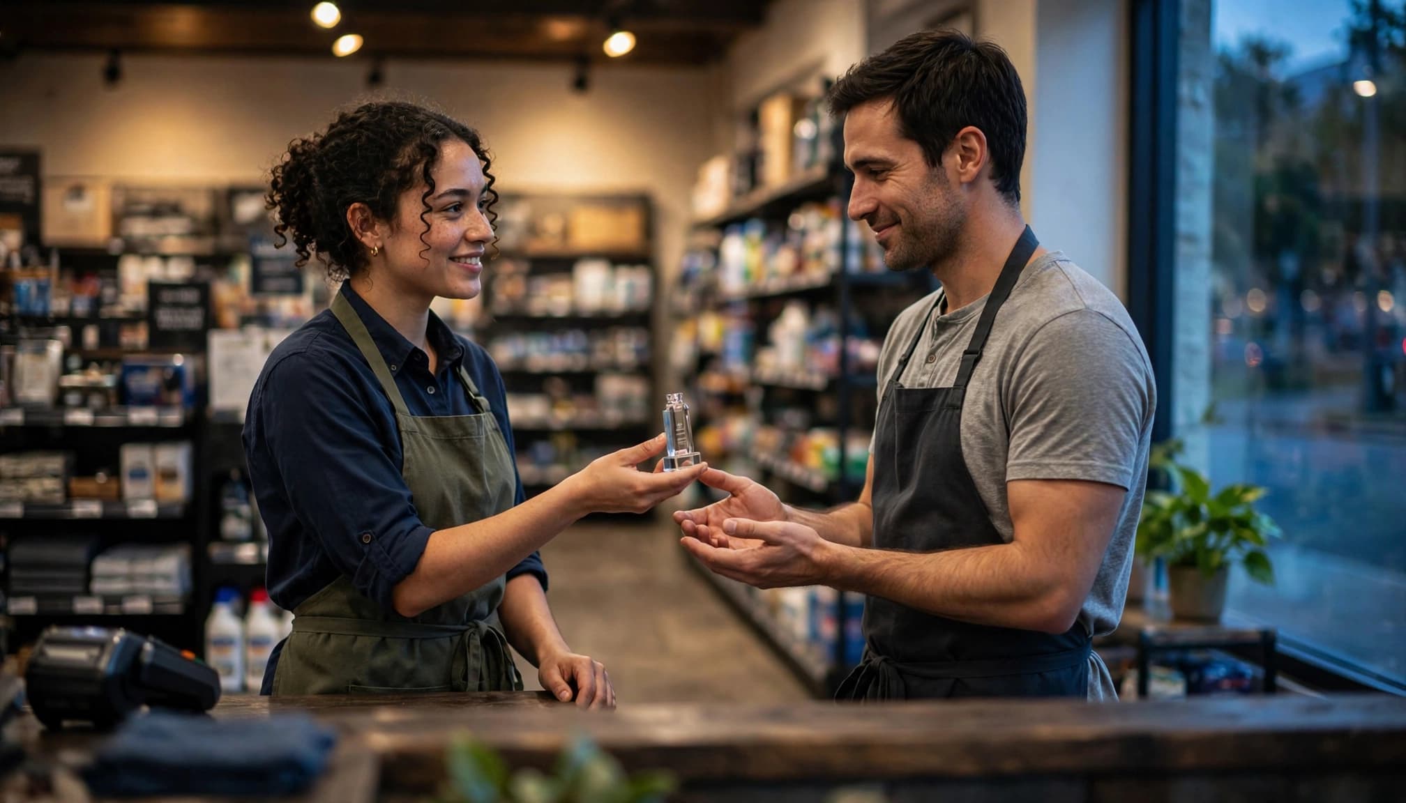 One store employee presents a small glass award to a coworker at the counter.