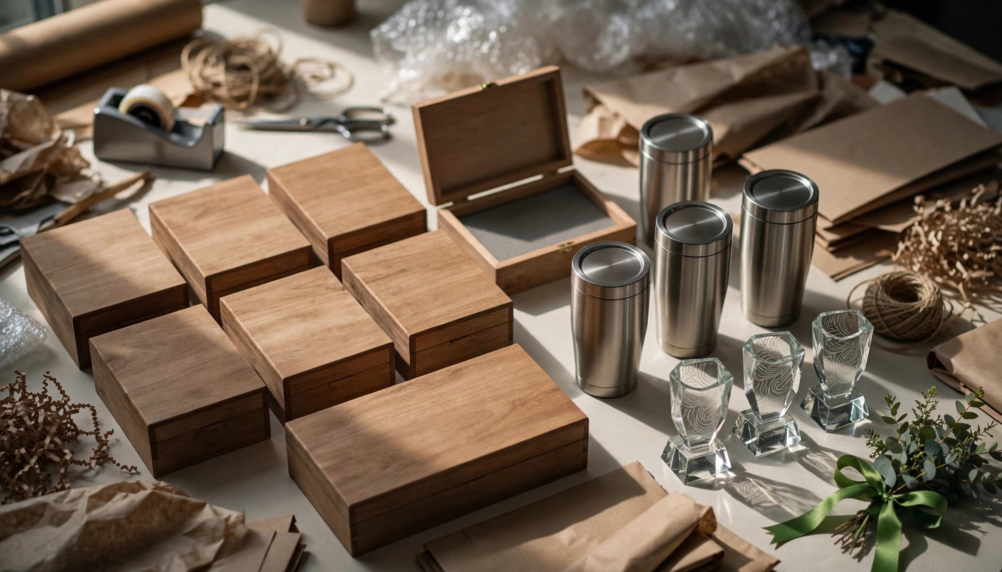 Wooden gift boxes, metal drinkware, and glass awards arranged on a worktable.