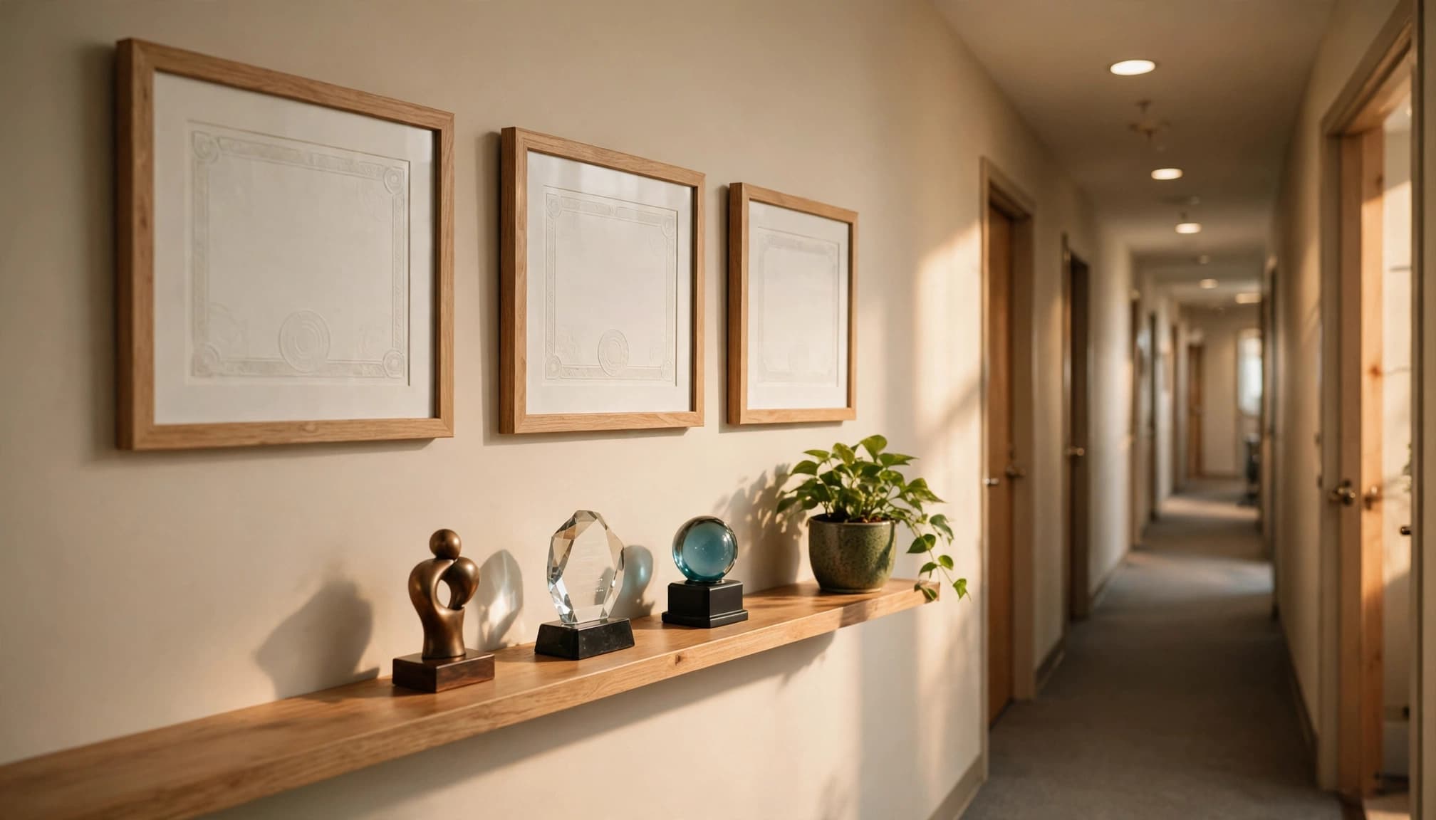 Three certificates hang above small awards and a green plant in an office hallway.