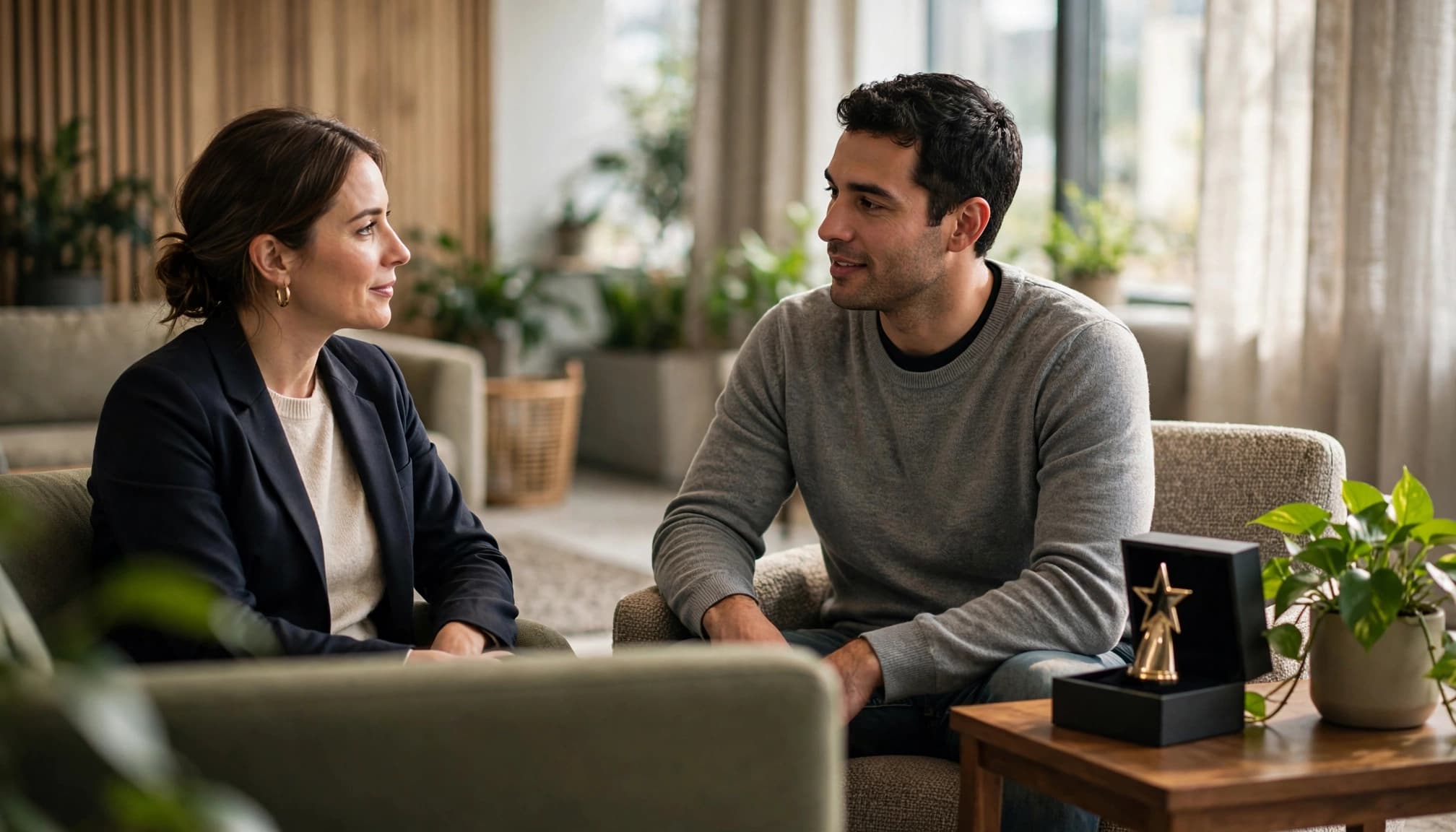 Two colleagues talk in a lounge beside an award box and a green plant.
